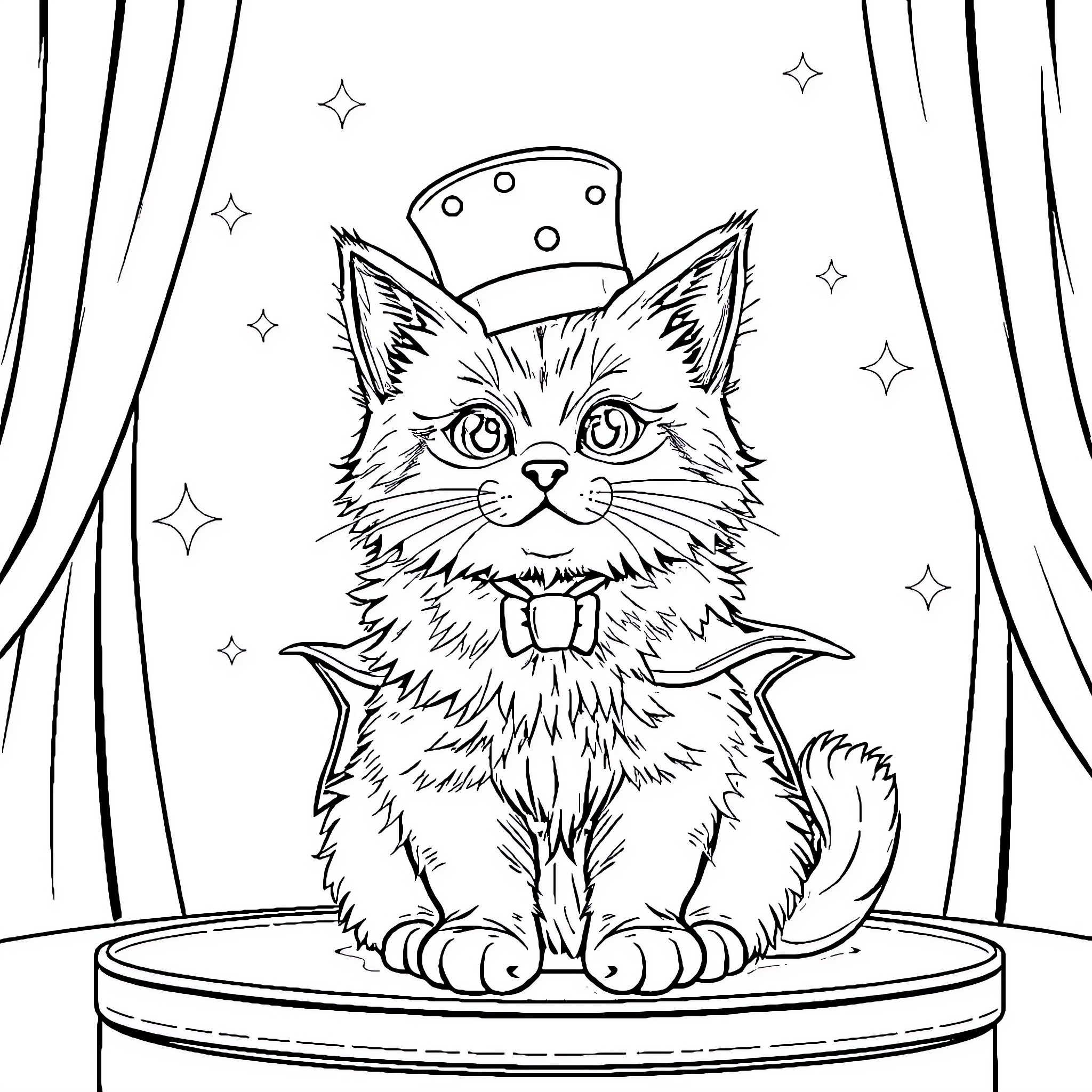 Cat dressed as a magician on stage Coloring Page (free black-and-white line drawing printable PDF for all, from beginners to advanced learners, including children, teens, adults, and seniors)