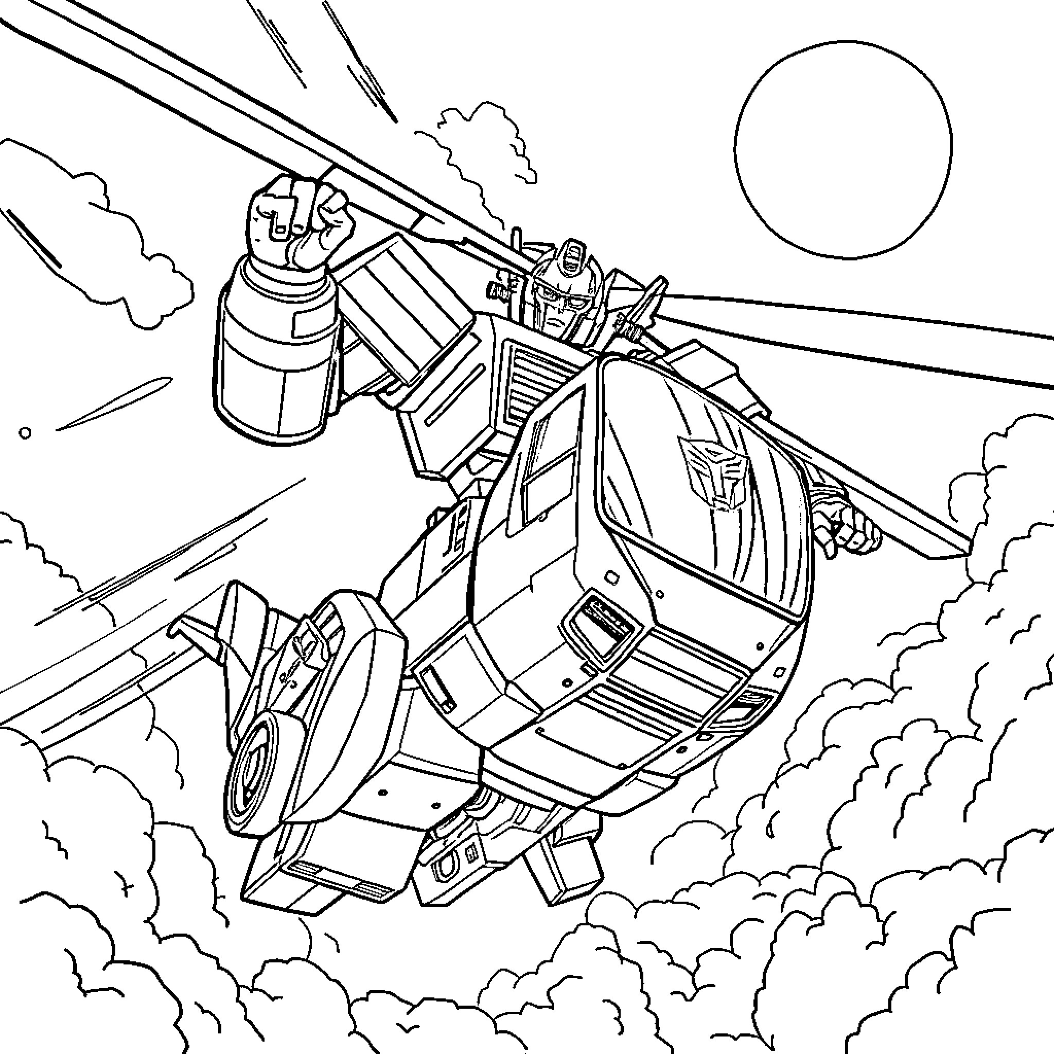 Optimus Prime transforming with rocket launcher in action Coloring Page (free black-and-white line drawing printable PDF for all, from beginners to advanced learners, including children, teens, adults, and seniors)