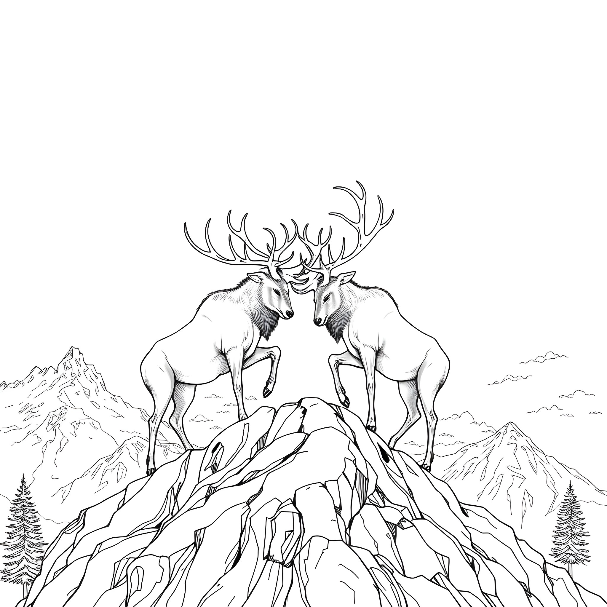Elk pair standing atop a rugged mountain landscape Coloring Page (free black-and-white line drawing printable PDF for all, from beginners to advanced learners, including children, teens, adults, and seniors)