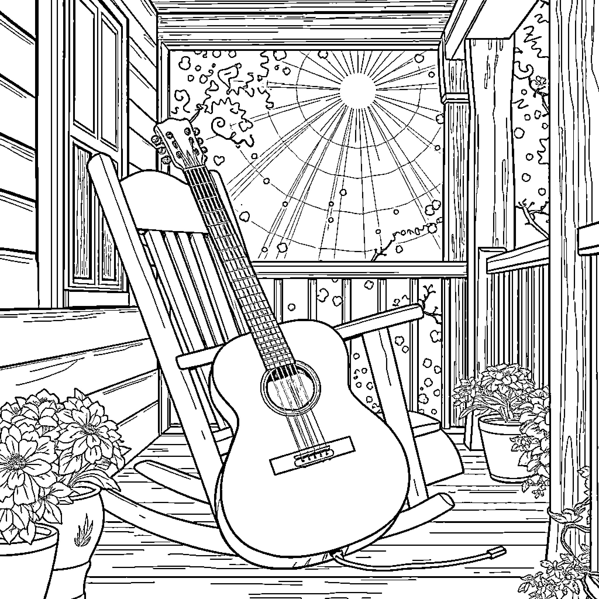 Guitar on the Porch with Blooming Flowers Coloring Page (free black-and-white line drawing printable PDF for all, from beginners to advanced learners, including children, teens, adults, and seniors)