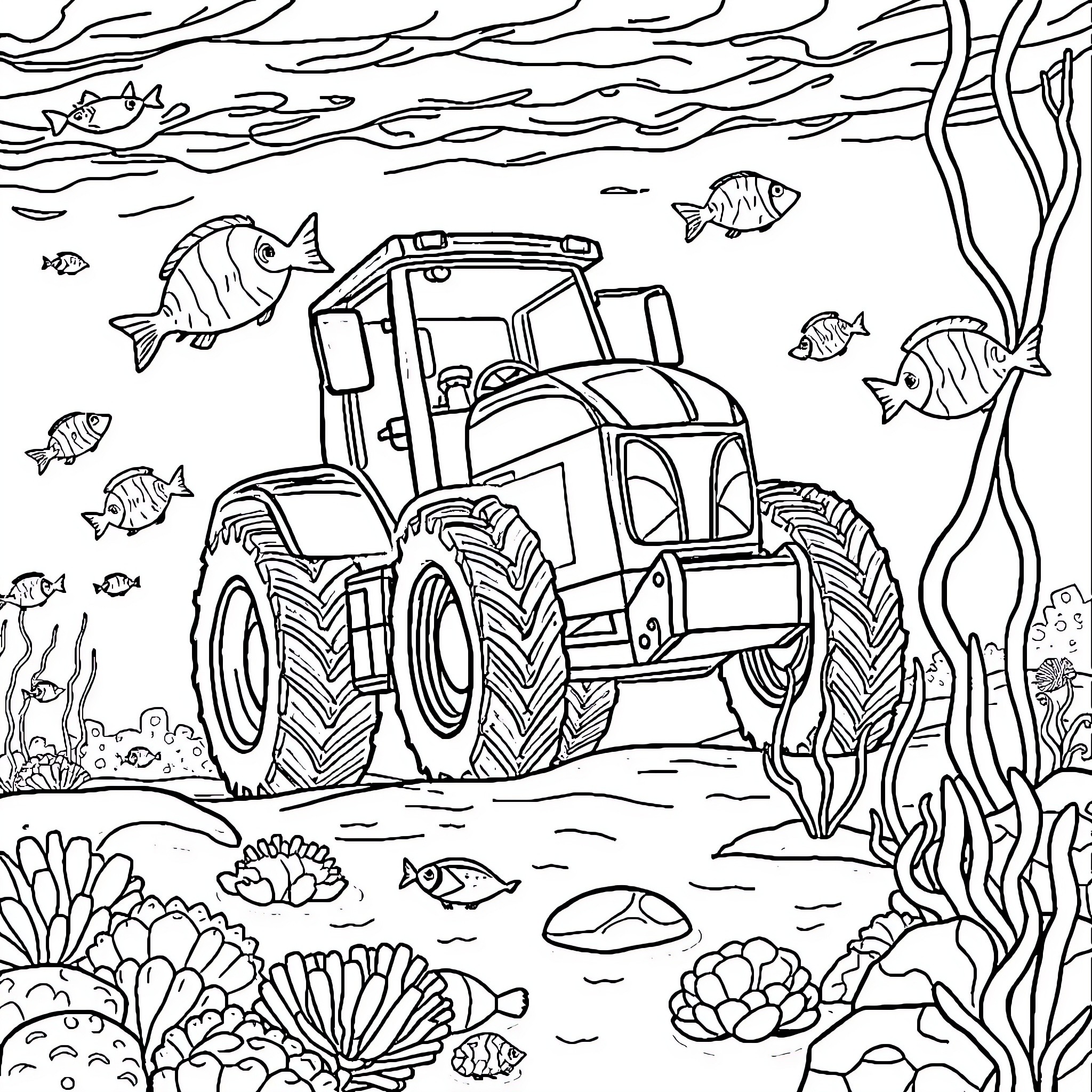 Tractor Submerged in Underwater Aquatic Scene Coloring Page (free black-and-white line drawing printable PDF for all, from beginners to advanced learners, including children, teens, adults, and seniors)