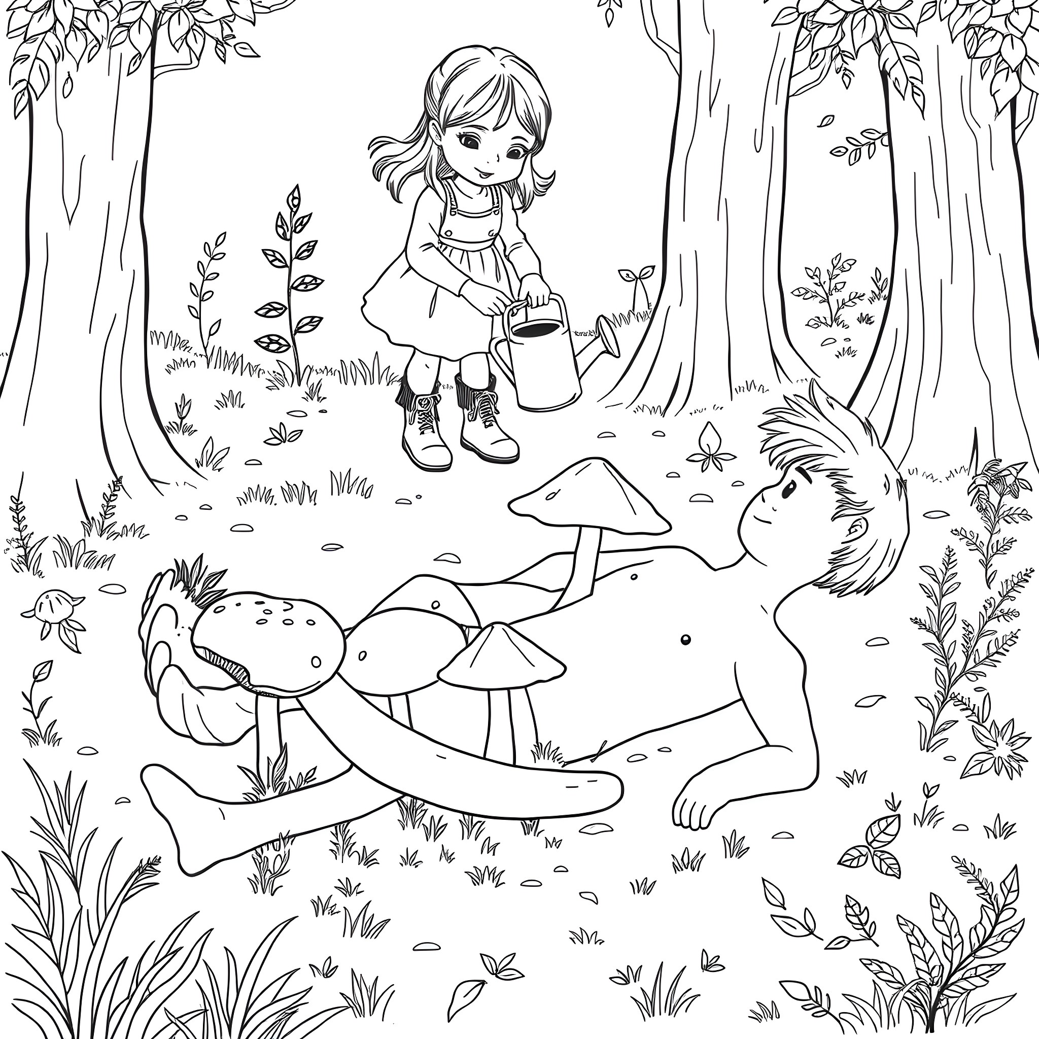 Young Girl Watering Plants in Enchanted Forest Coloring Page (free black-and-white line drawing printable PDF for all, from beginners to advanced learners, including children, teens, adults, and seniors)