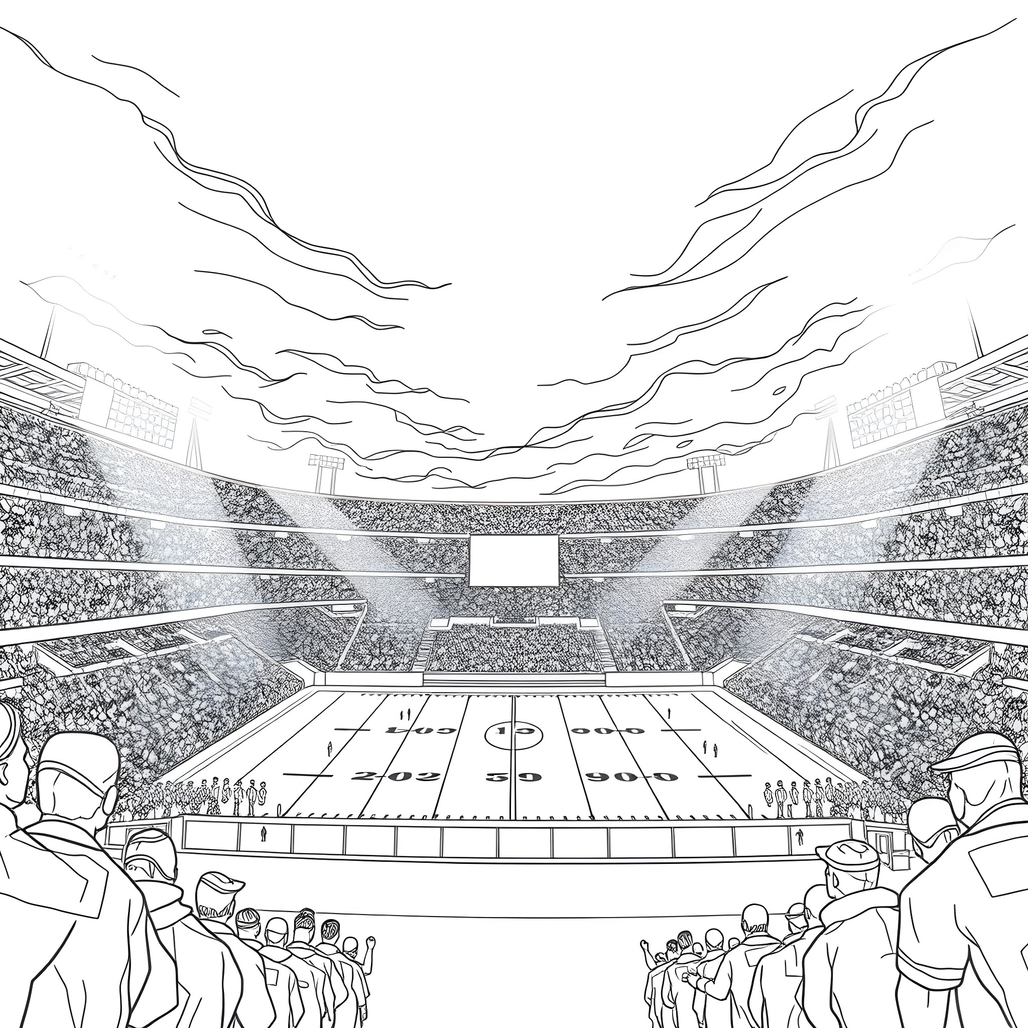 Stadium filled with cheering crowd at sports event Coloring Page (free black-and-white line drawing printable PDF for all, from beginners to advanced learners, including children, teens, adults, and seniors)