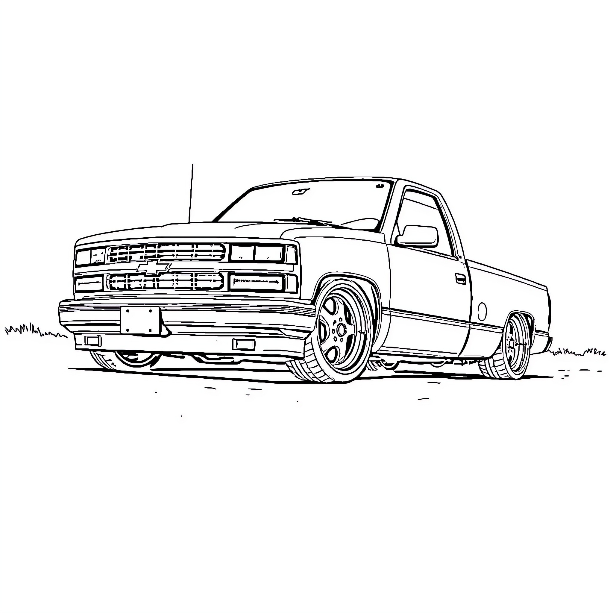 Chevy truck with customized design Coloring Page (free black-and-white line drawing printable PDF for all, from beginners to advanced learners, including children, teens, adults, and seniors)