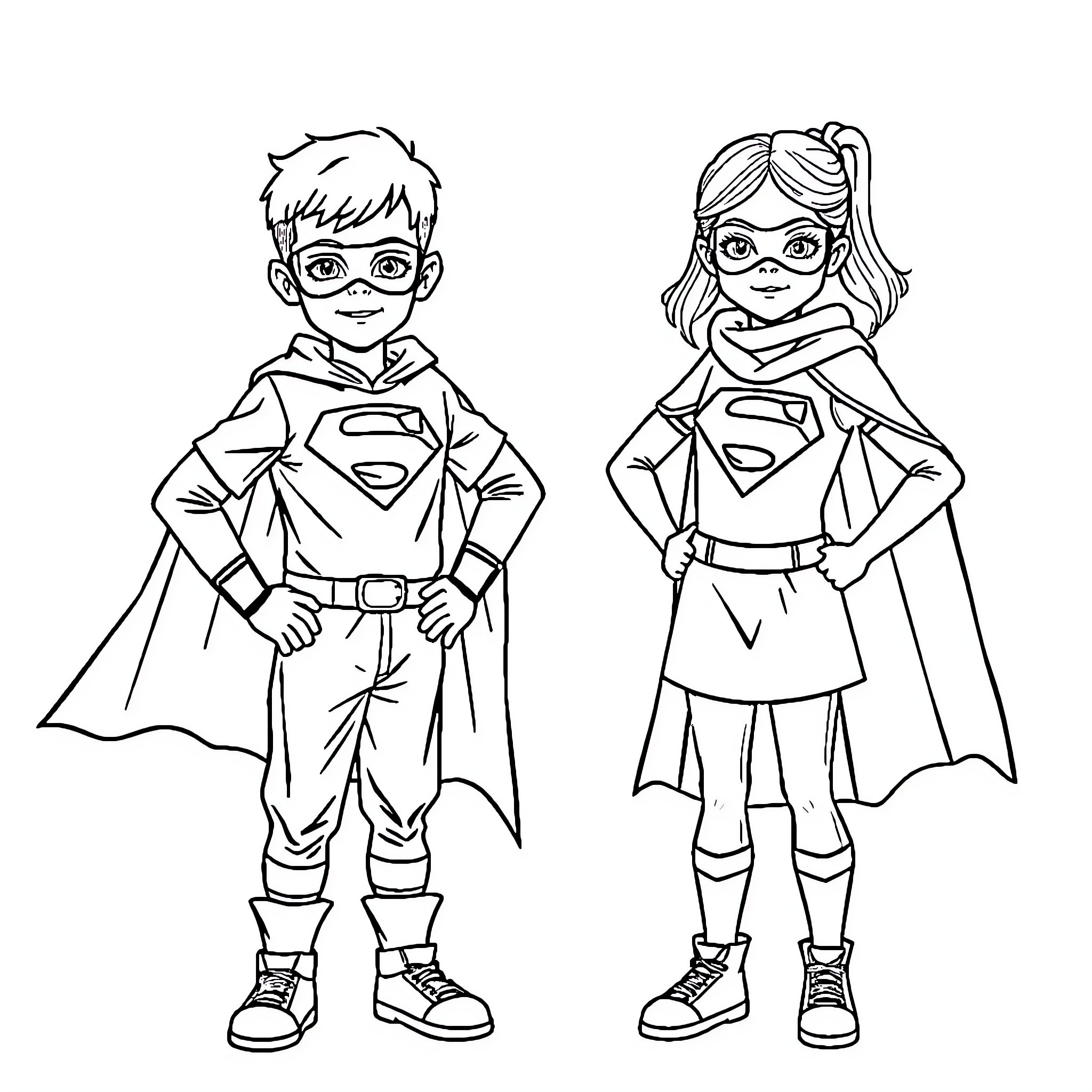 Superhero boy and girl in action poses Coloring Page (free black-and-white line drawing printable PDF for all, from beginners to advanced learners, including children, teens, adults, and seniors)