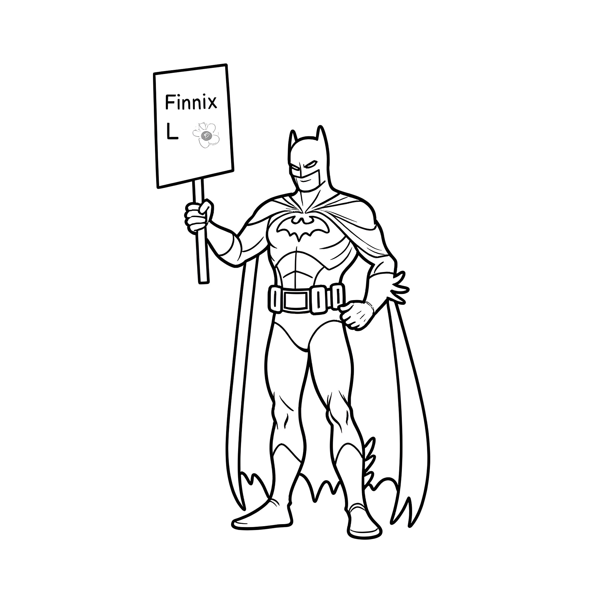 Batman holding a 'Finnix' sign Coloring Page (free black-and-white line drawing printable PDF for all, from beginners to advanced learners, including children, teens, adults, and seniors)