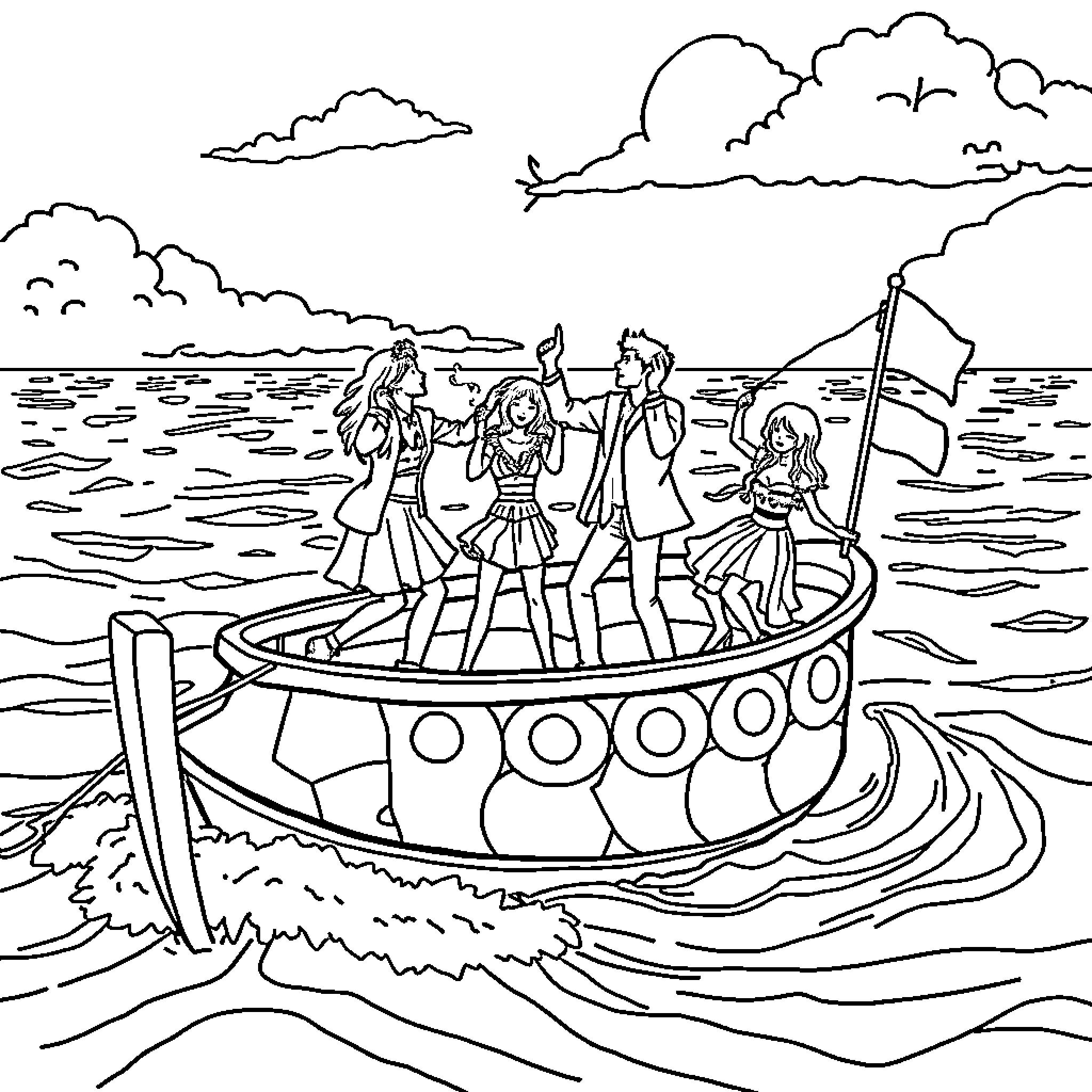 Kpop group enjoying a boat ride at sea Coloring Page (free black-and-white line drawing printable PDF for all, from beginners to advanced learners, including children, teens, adults, and seniors)