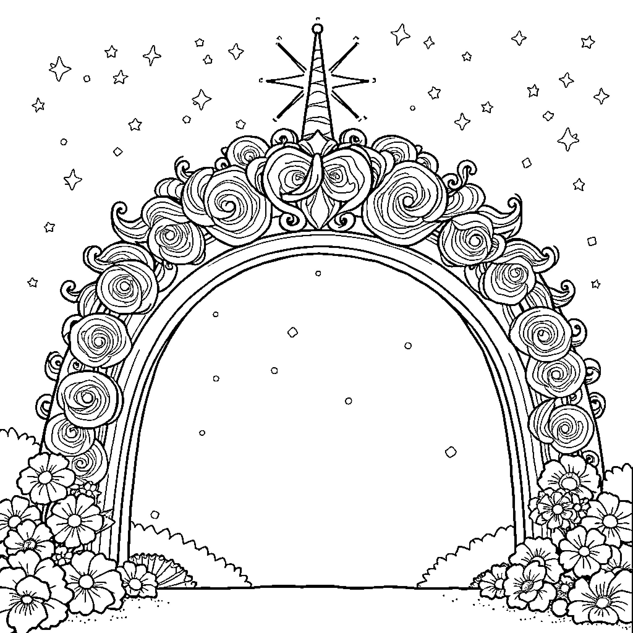 Unicorn Magical Portal to Enchanted Realm Coloring Page (free black-and-white line drawing printable PDF for all, from beginners to advanced learners, including children, teens, adults, and seniors)