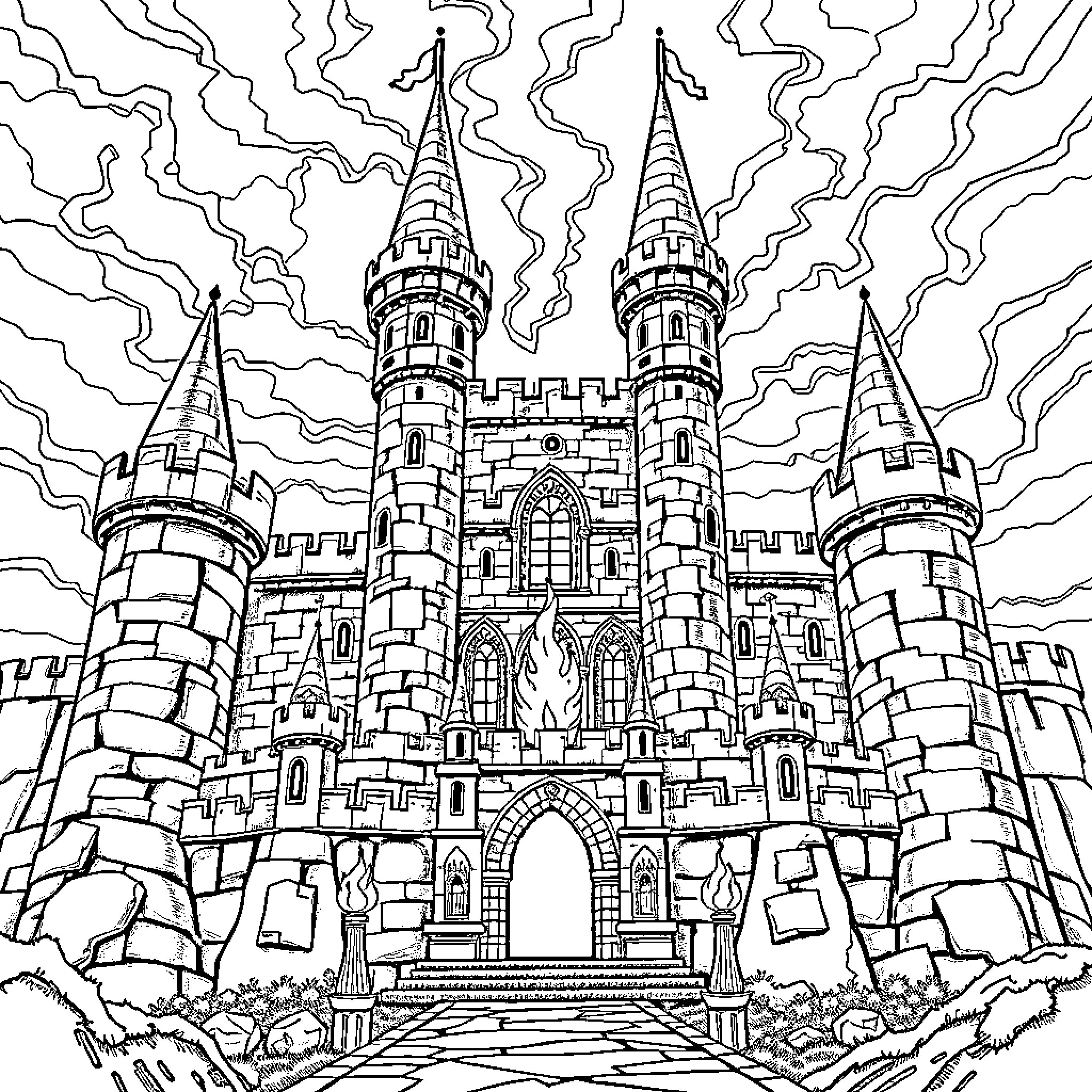 Dragon Castle in Stormy Skies Coloring Page (free black-and-white line drawing printable PDF for all, from beginners to advanced learners, including children, teens, adults, and seniors)