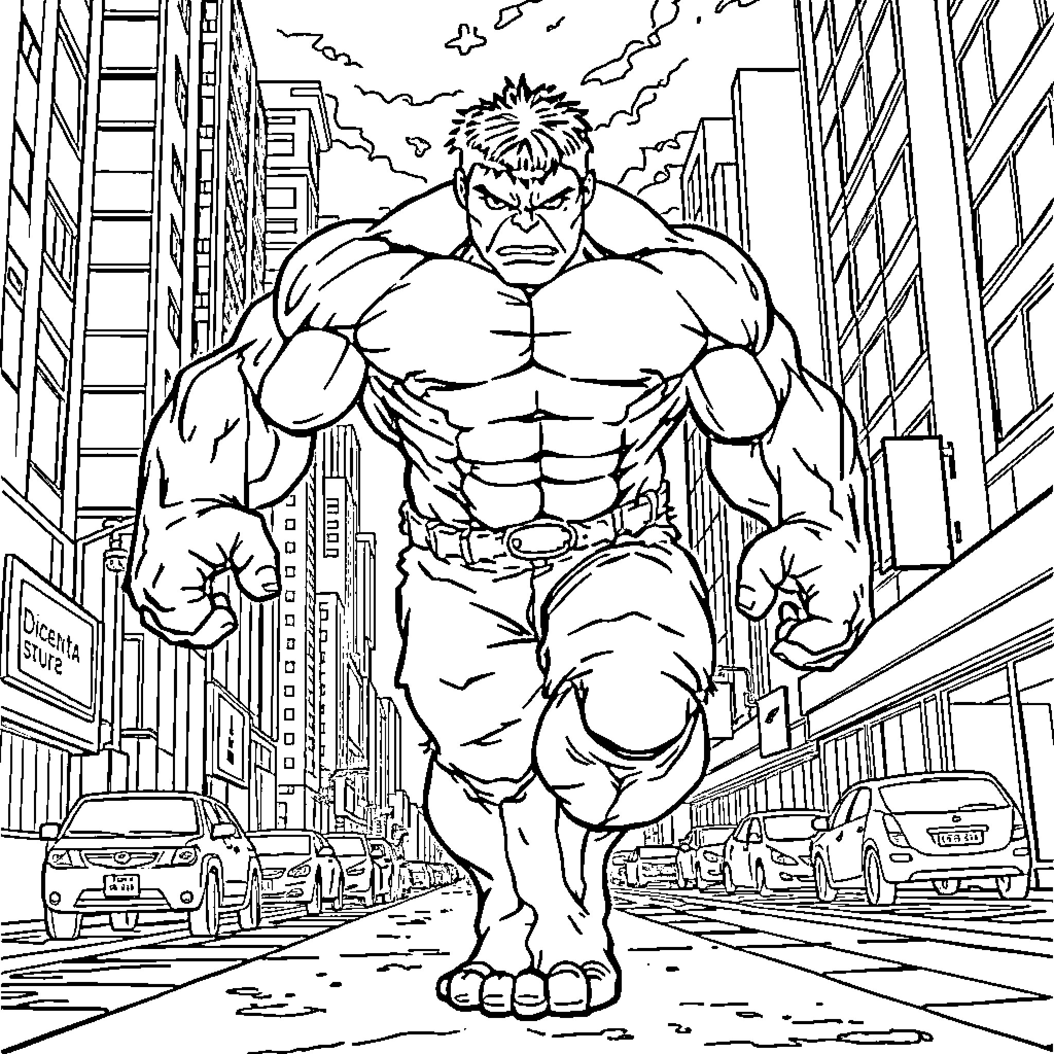 Hulk rampaging through the city Coloring Page (free black-and-white line drawing printable PDF for all, from beginners to advanced learners, including children, teens, adults, and seniors)