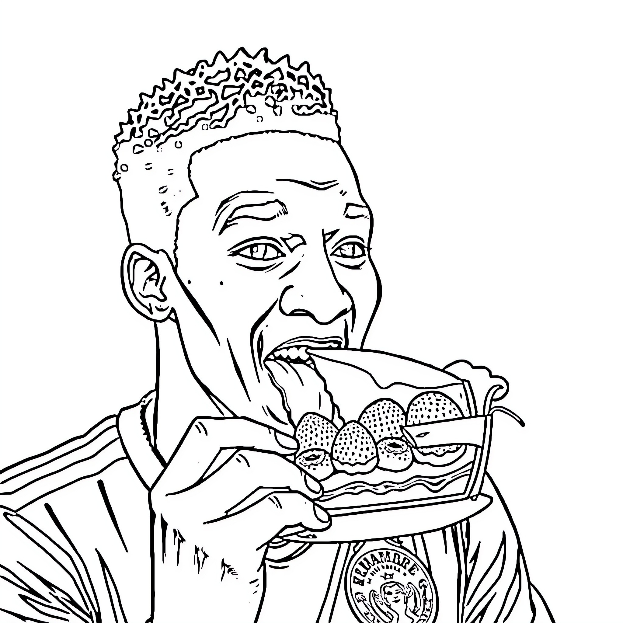 Kilian Mbappé enjoying a tasty burger Coloring Page (free black-and-white line drawing printable PDF for all, from beginners to advanced learners, including children, teens, adults, and seniors)