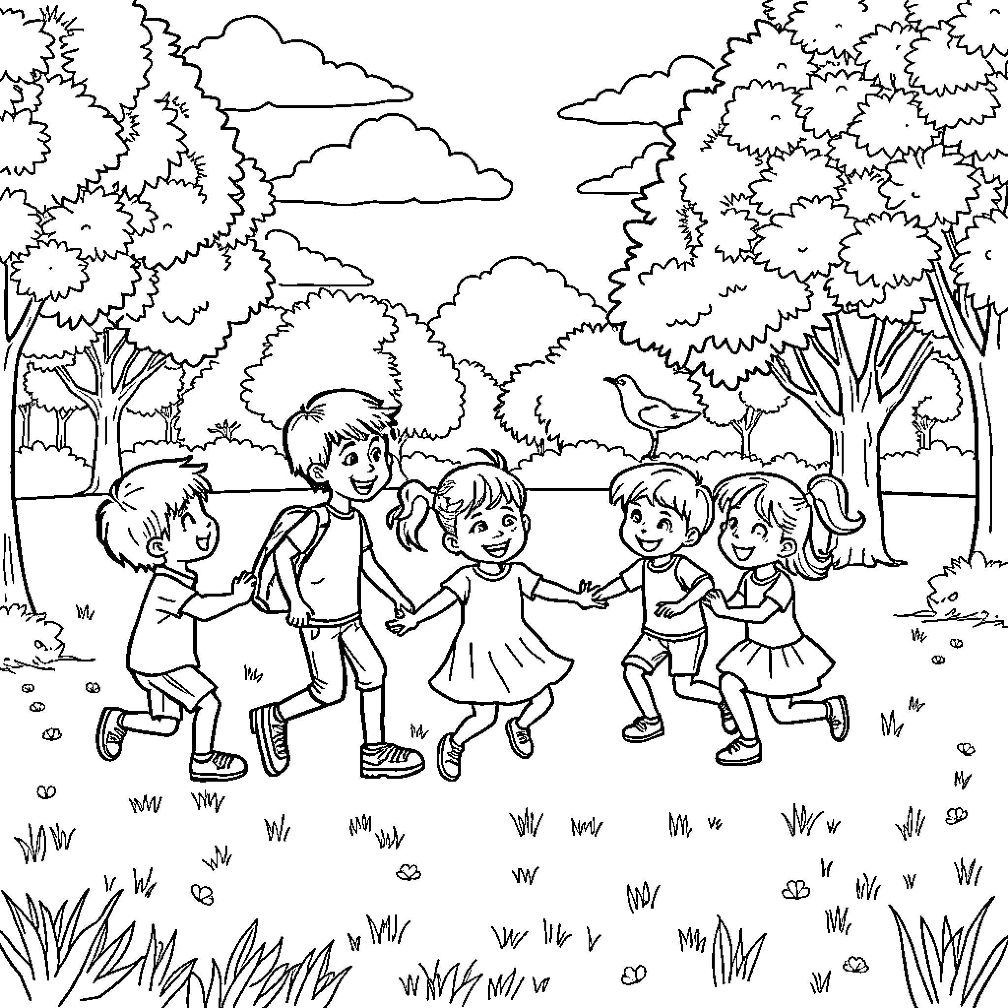 Kid Friends Playing Happily in the Outdoor Park Coloring Page (free black-and-white line drawing printable PDF for all, from beginners to advanced learners, including children, teens, adults, and seniors)