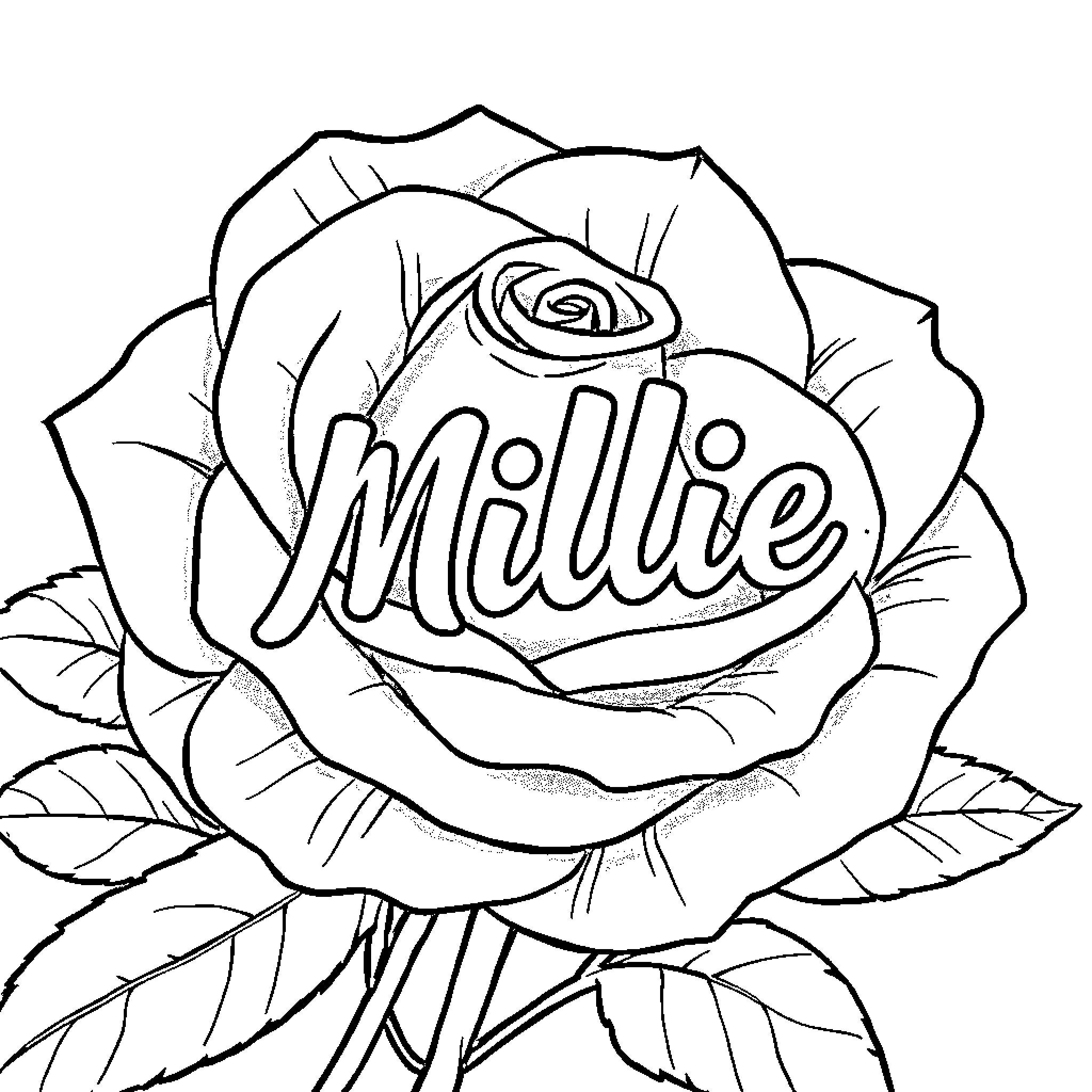 Rose with Millie Written on Petals Coloring Page (free black-and-white line drawing printable PDF for all, from beginners to advanced learners, including children, teens, adults, and seniors)