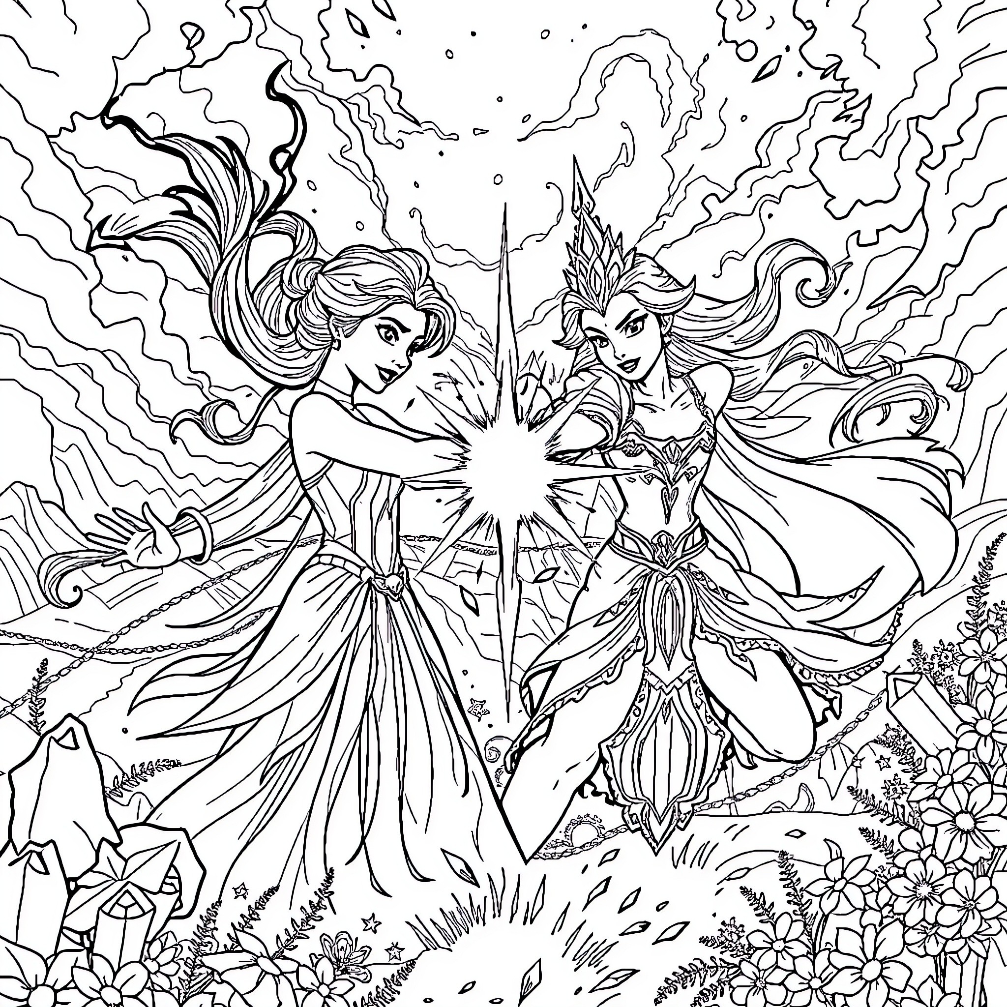 Elsa and her friends in a magical fantasy world Coloring Page (free black-and-white line drawing printable PDF for all, from beginners to advanced learners, including children, teens, adults, and seniors)