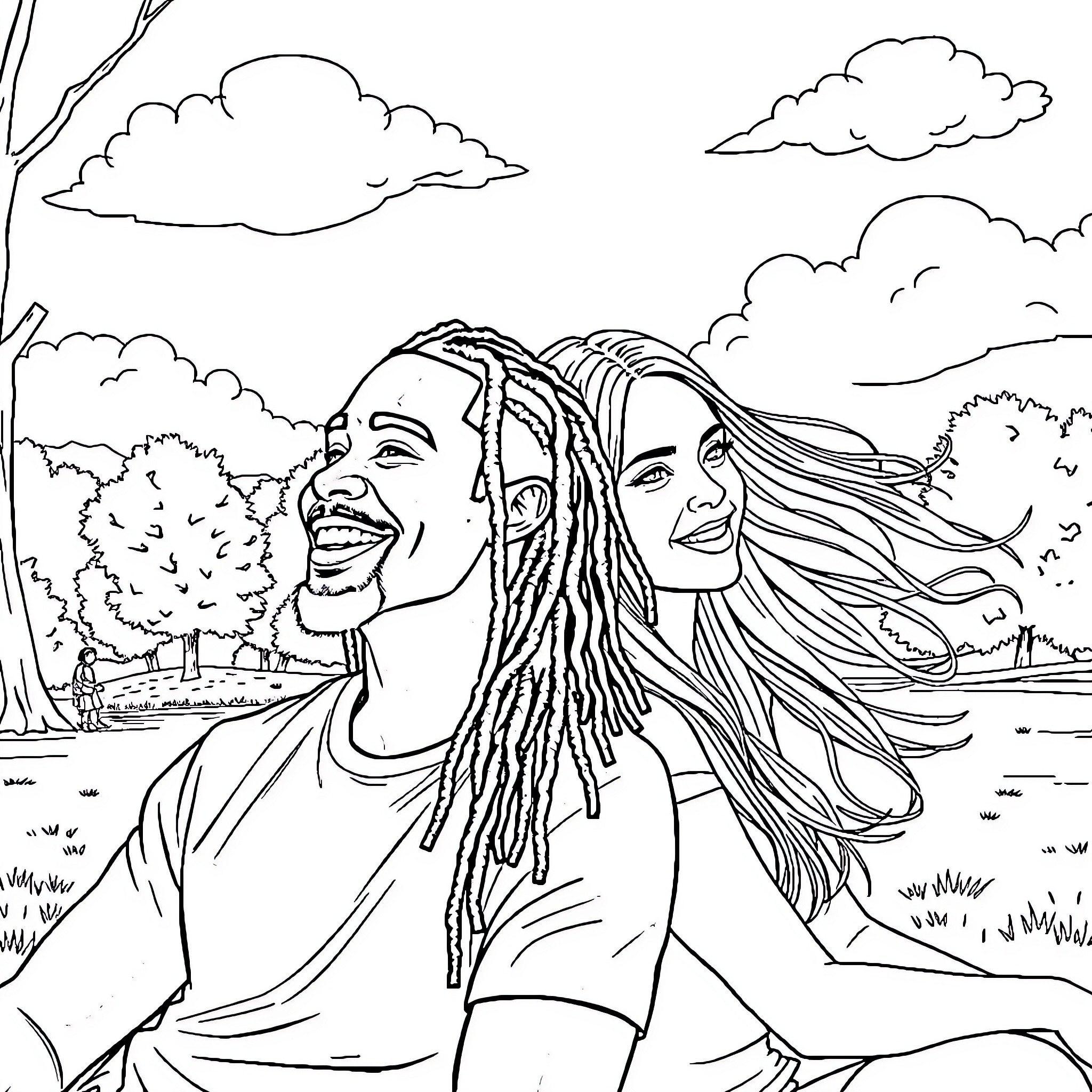Man laughing joyfully with friend in nature Coloring Page (free black-and-white line drawing printable PDF for all, from beginners to advanced learners, including children, teens, adults, and seniors)