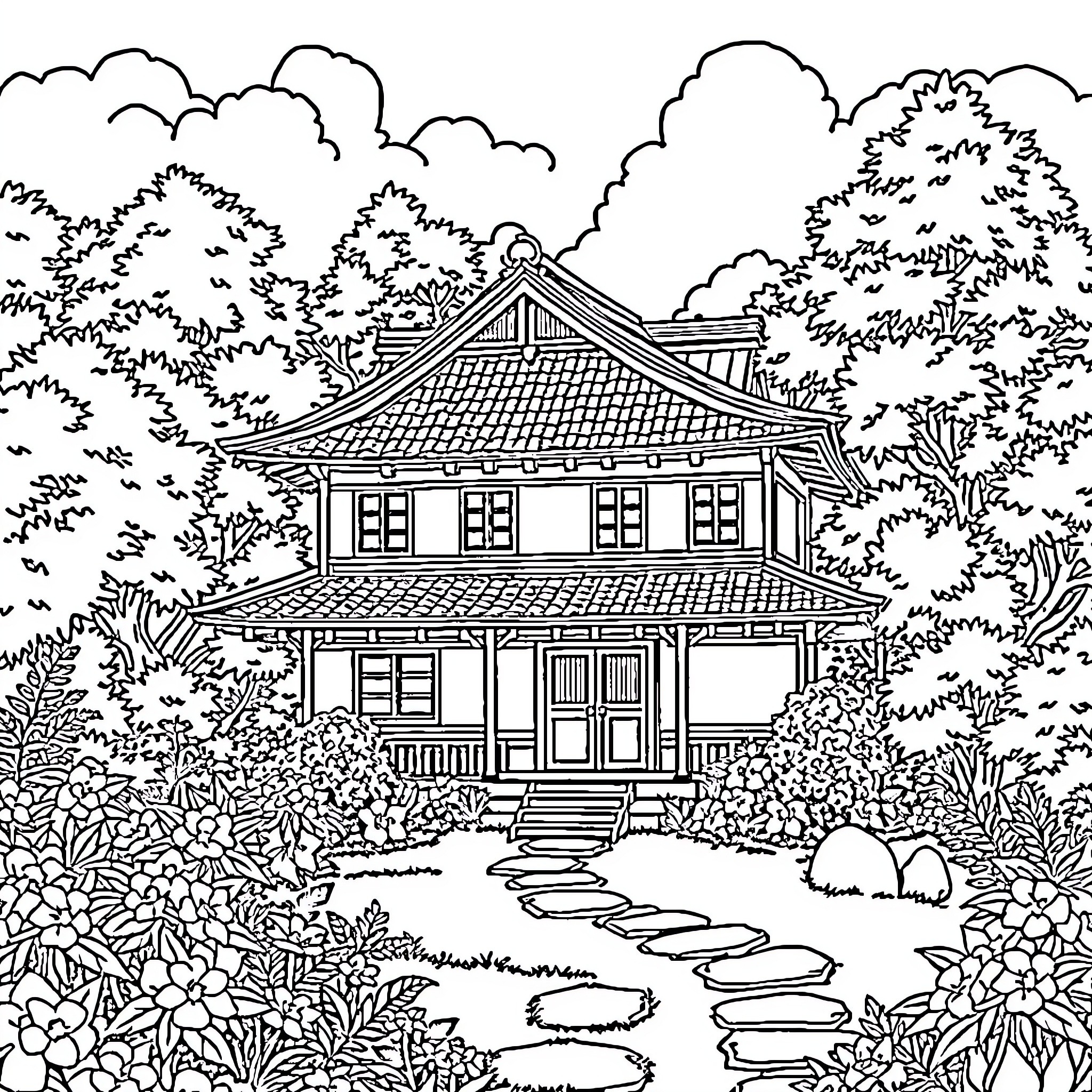 House in Serene Forest Landscape Coloring Page (free black-and-white line drawing printable PDF for all, from beginners to advanced learners, including children, teens, adults, and seniors)