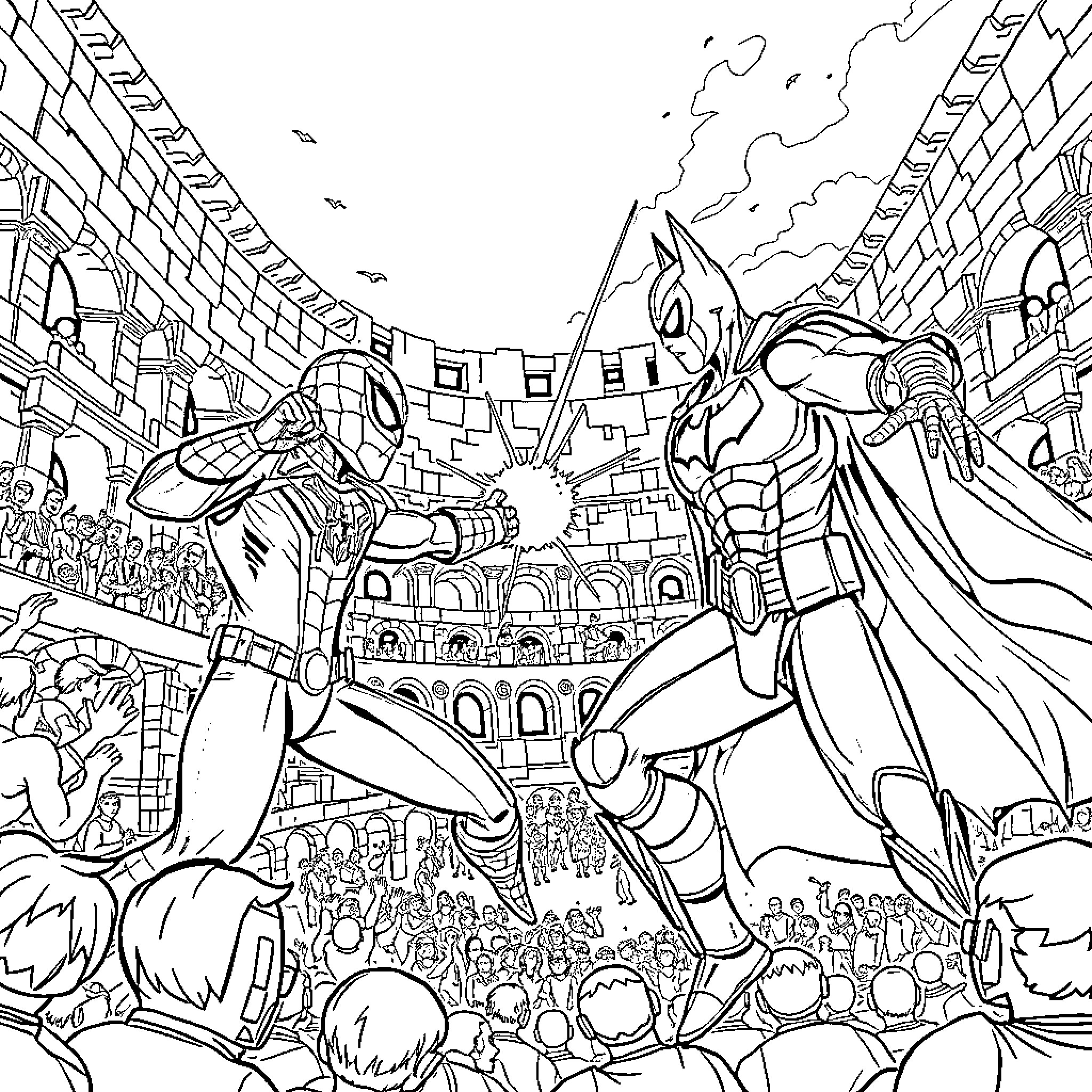 Spiderman and Venom showdown in a bustling city Coloring Page (free black-and-white line drawing printable PDF for all, from beginners to advanced learners, including children, teens, adults, and seniors)