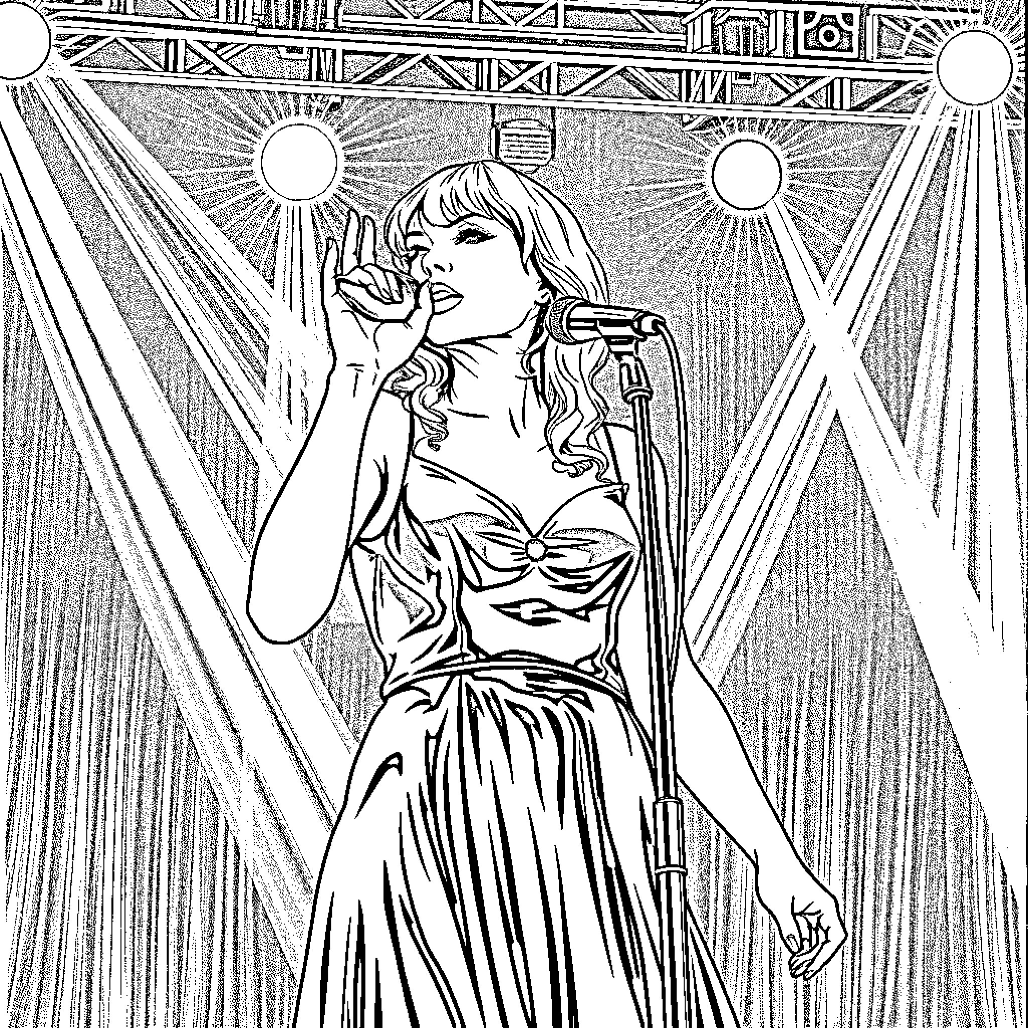 Taylor Swift Performing on Stage with Microphone Coloring Page (free black-and-white line drawing printable PDF for all, from beginners to advanced learners, including children, teens, adults, and seniors)