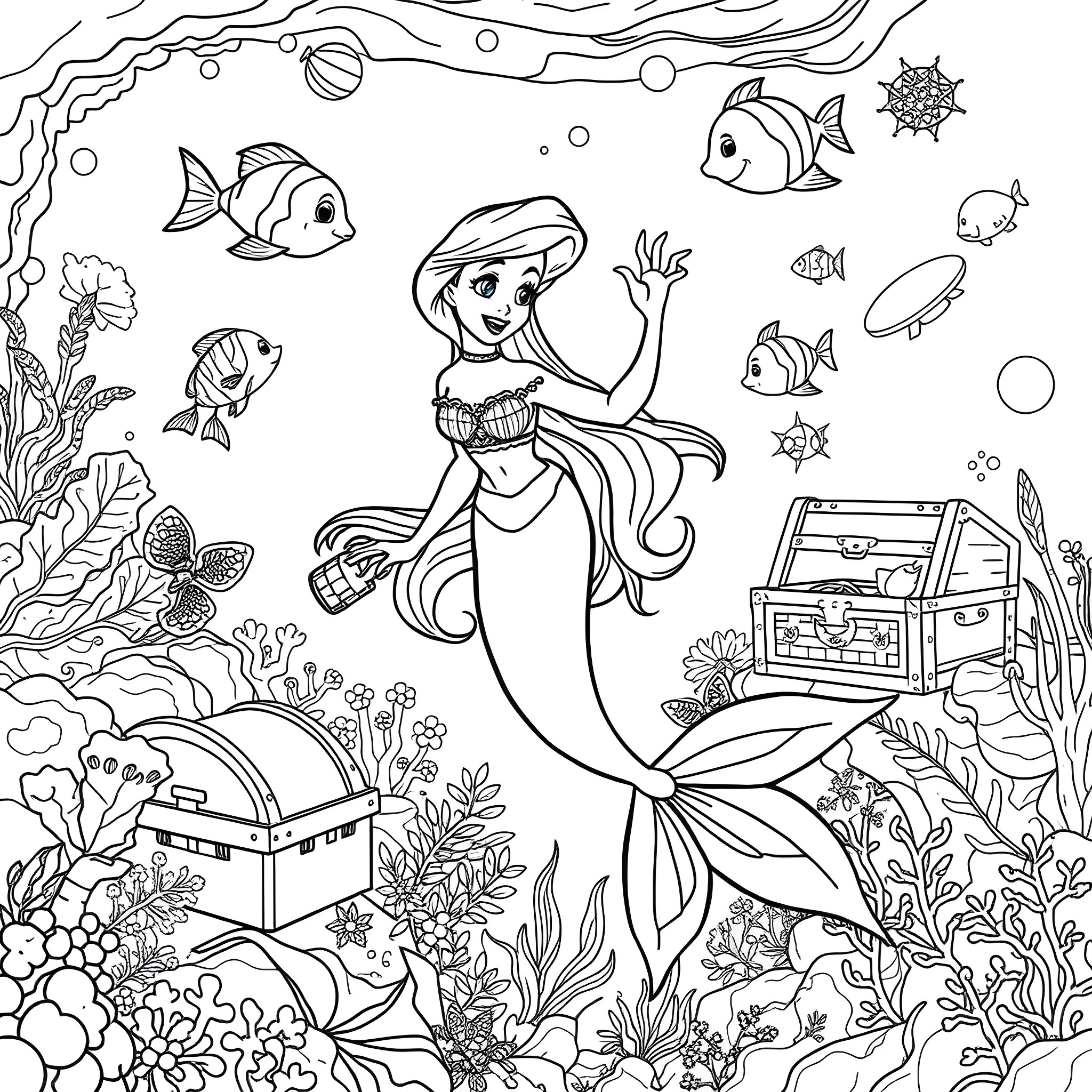 Ariel the Mermaid Explores the Underwater World Coloring Page (free black-and-white line drawing printable PDF for all, from beginners to advanced learners, including children, teens, adults, and seniors)