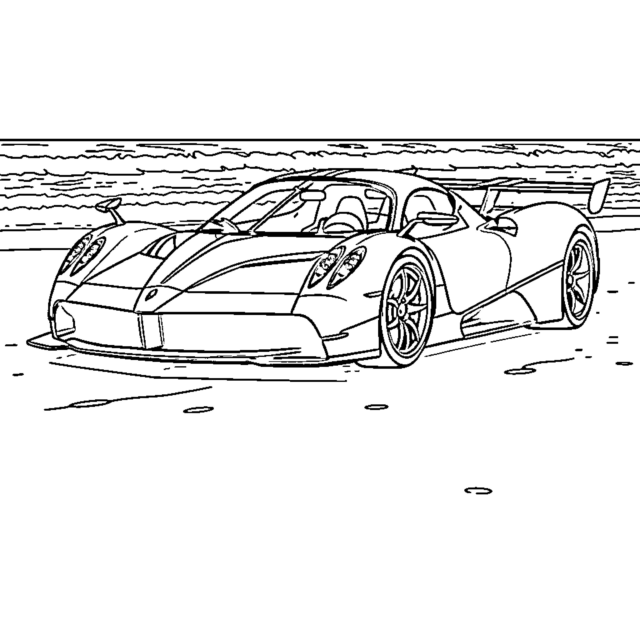 Pagani supercar speeding on the road Coloring Page (free black-and-white line drawing printable PDF for all, from beginners to advanced learners, including children, teens, adults, and seniors)