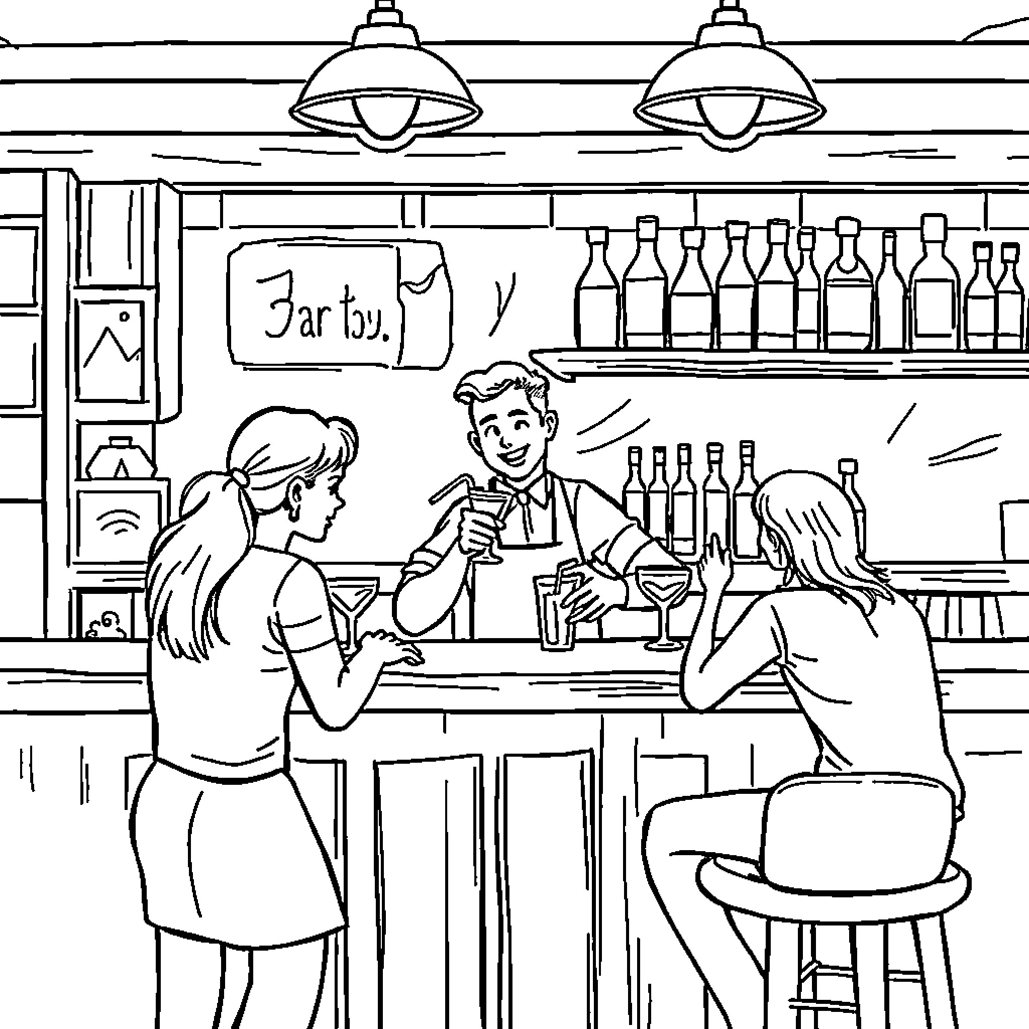 Bartender Serving Drinks to Customers in a Cozy Bar Coloring Page (free black-and-white line drawing printable PDF for all, from beginners to advanced learners, including children, teens, adults, and seniors)