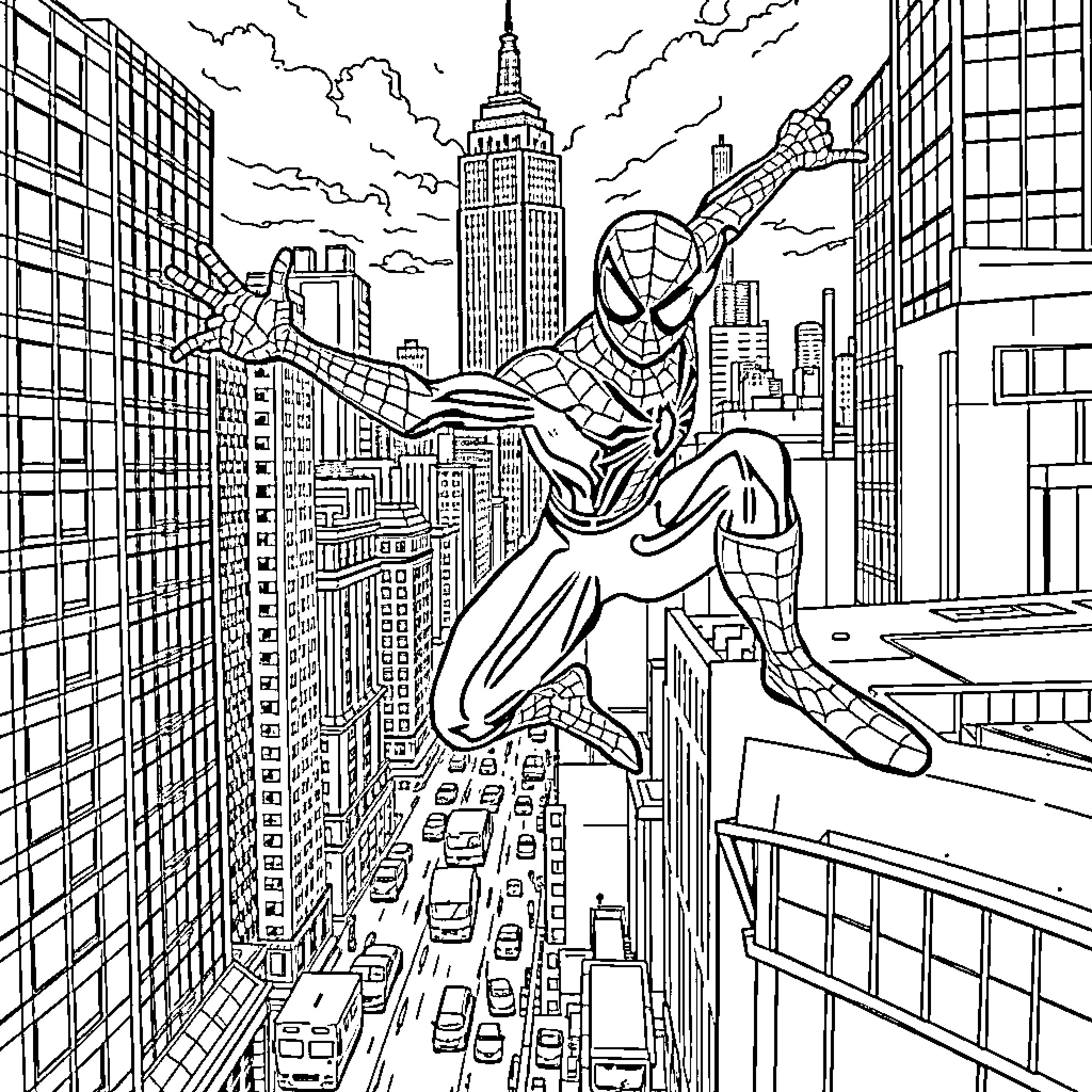 Spider-Man swinging through the city skyline Coloring Page (free black-and-white line drawing printable PDF for all, from beginners to advanced learners, including children, teens, adults, and seniors)