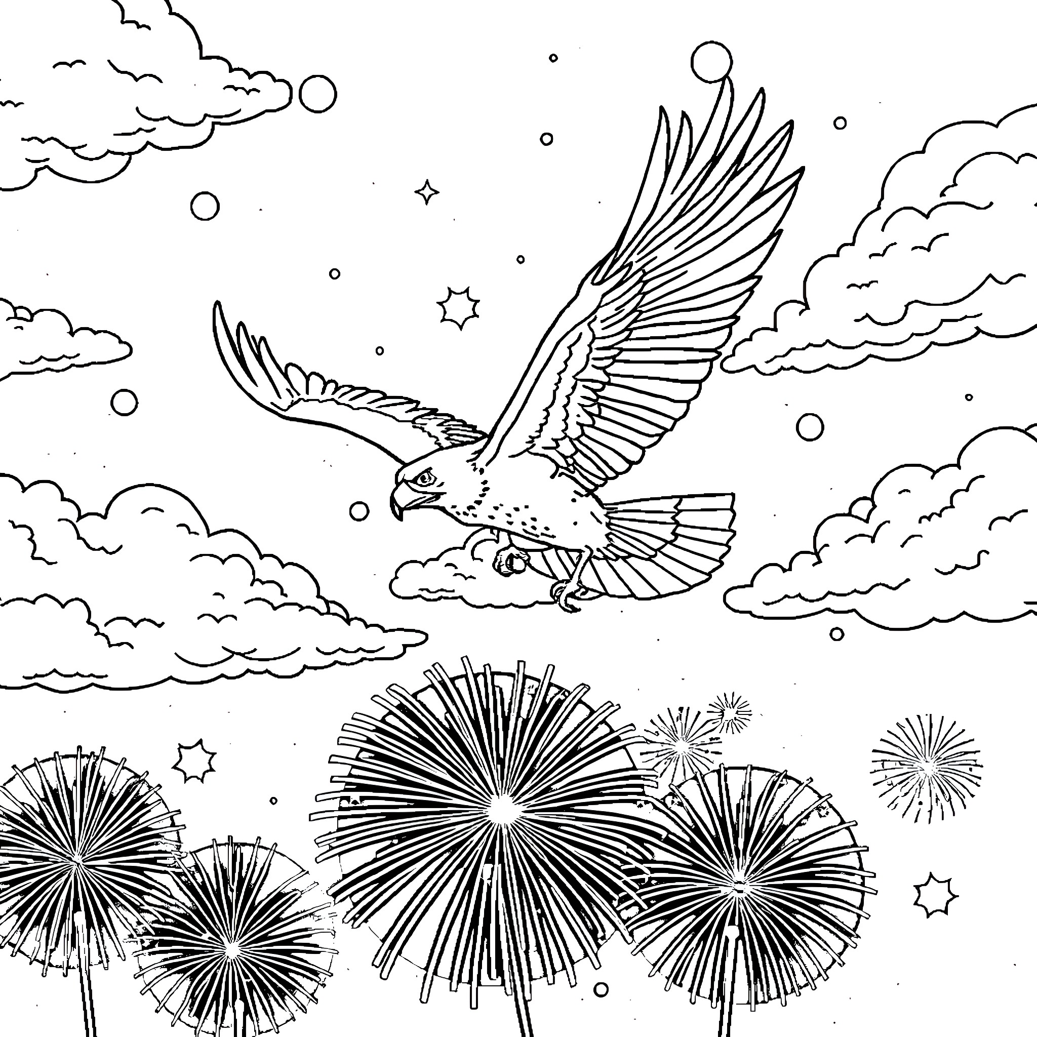 Eagle soaring through a starry night sky Coloring Page (free black-and-white line drawing printable PDF for all, from beginners to advanced learners, including children, teens, adults, and seniors)