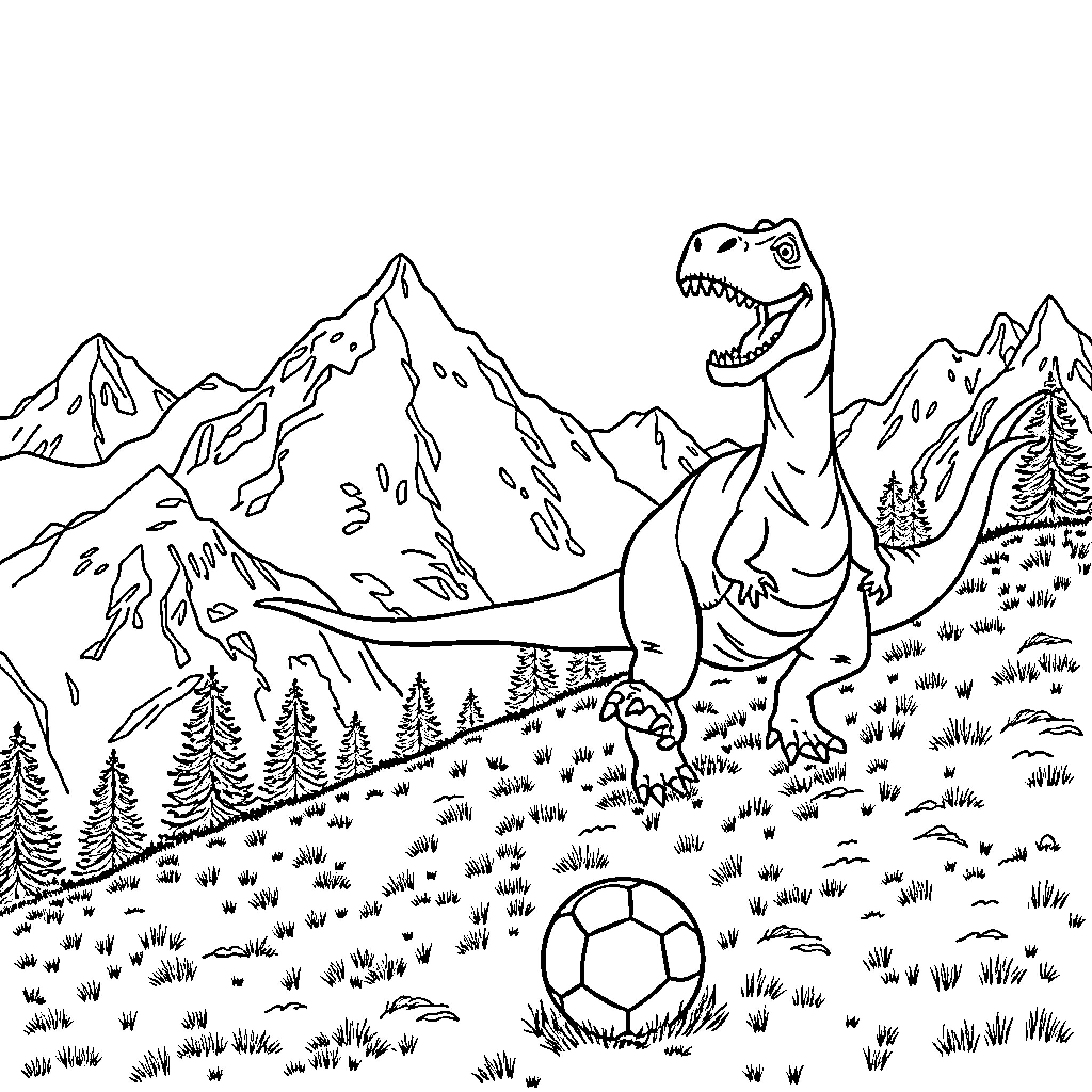 Dinosaur playing with soccer ball in the mountains Coloring Page (free black-and-white line drawing printable PDF for all, from beginners to advanced learners, including children, teens, adults, and seniors)