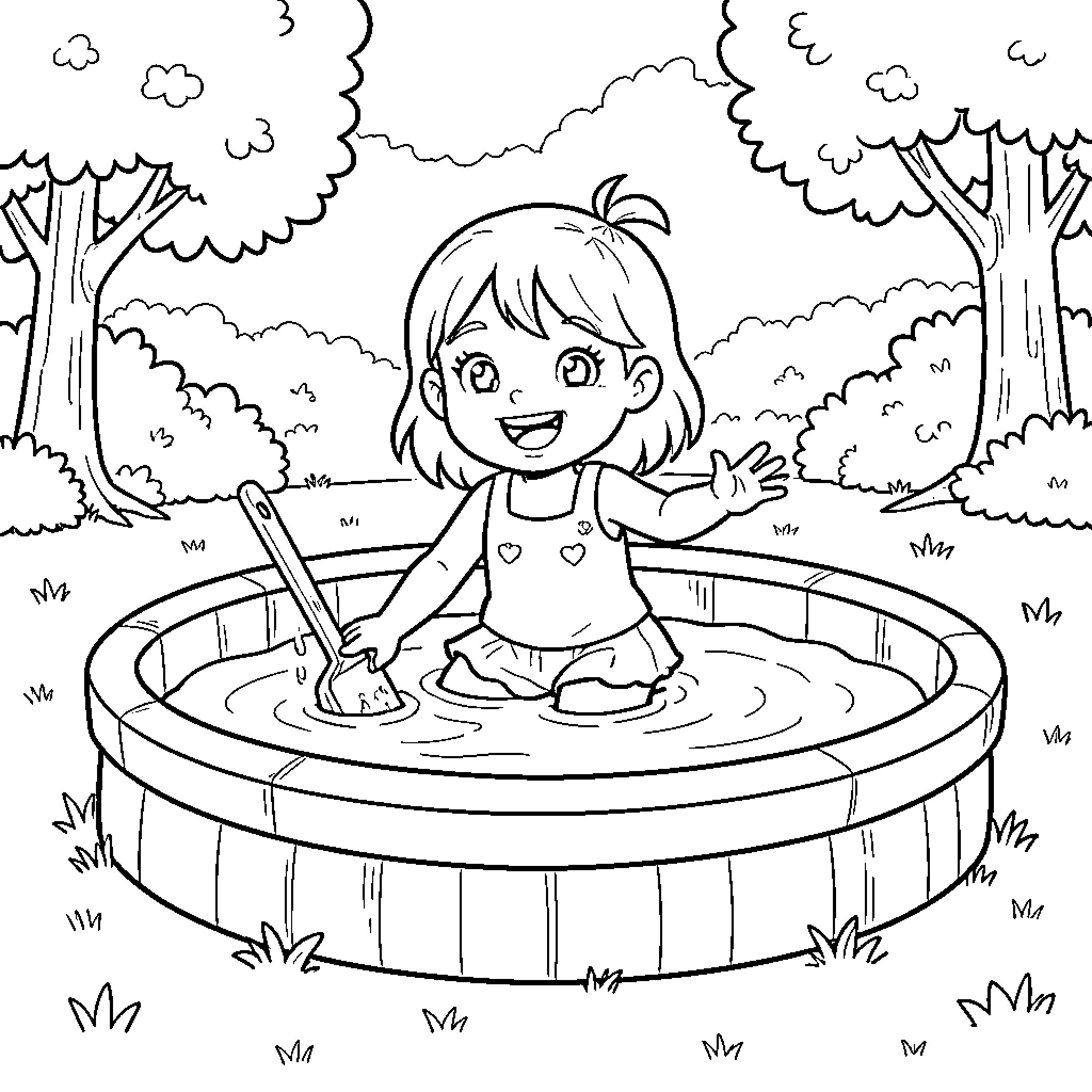 Fille playing happily in a small backyard pool Coloring Page (free black-and-white line drawing printable PDF for all, from beginners to advanced learners, including children, teens, adults, and seniors)