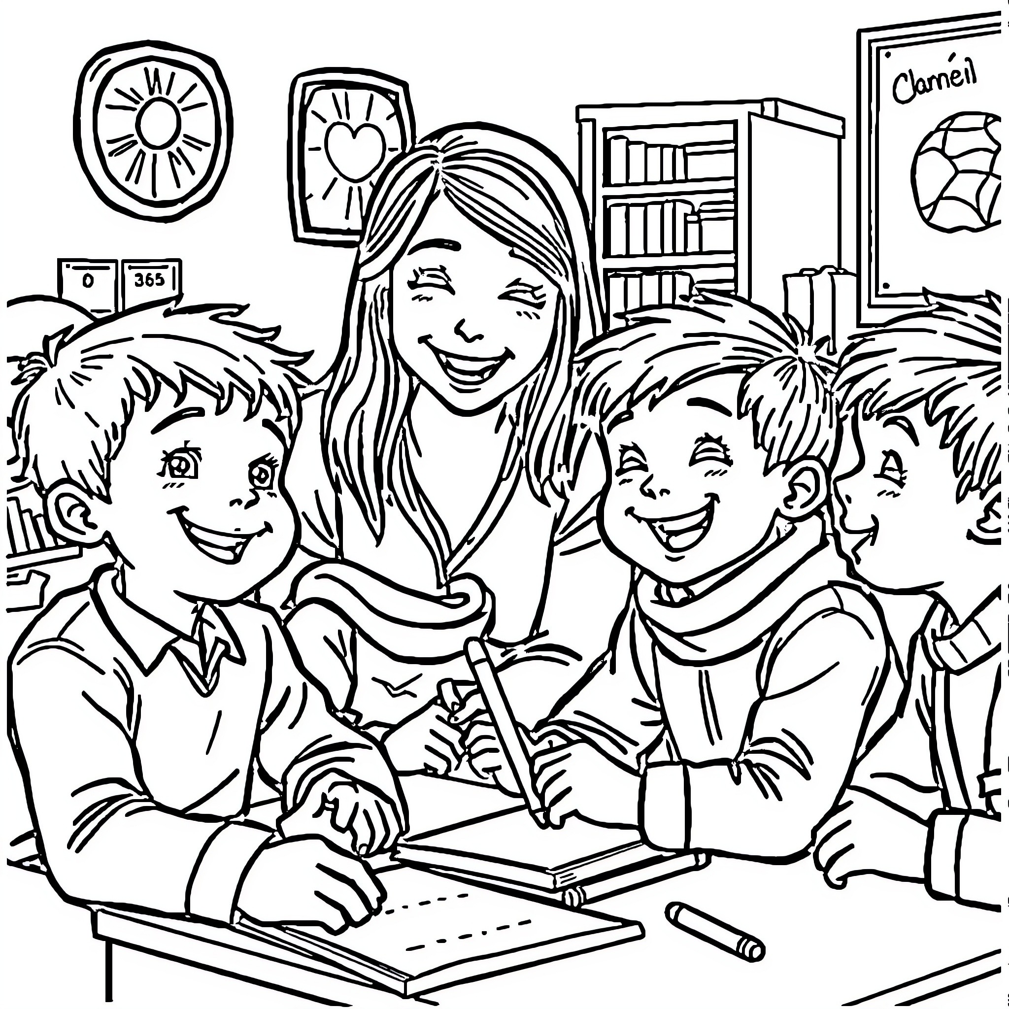 Enfants joyeux apprenant avec leur enseignante Coloring Page (free black-and-white line drawing printable PDF for all, from beginners to advanced learners, including children, teens, adults, and seniors)