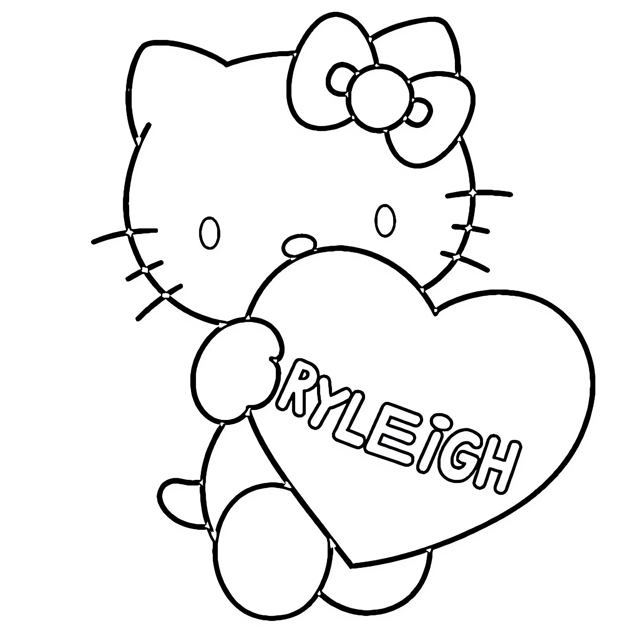Hello Kitty holding heart-shaped sign Coloring Page (free black-and-white line drawing printable PDF for all, from beginners to advanced learners, including children, teens, adults, and seniors)