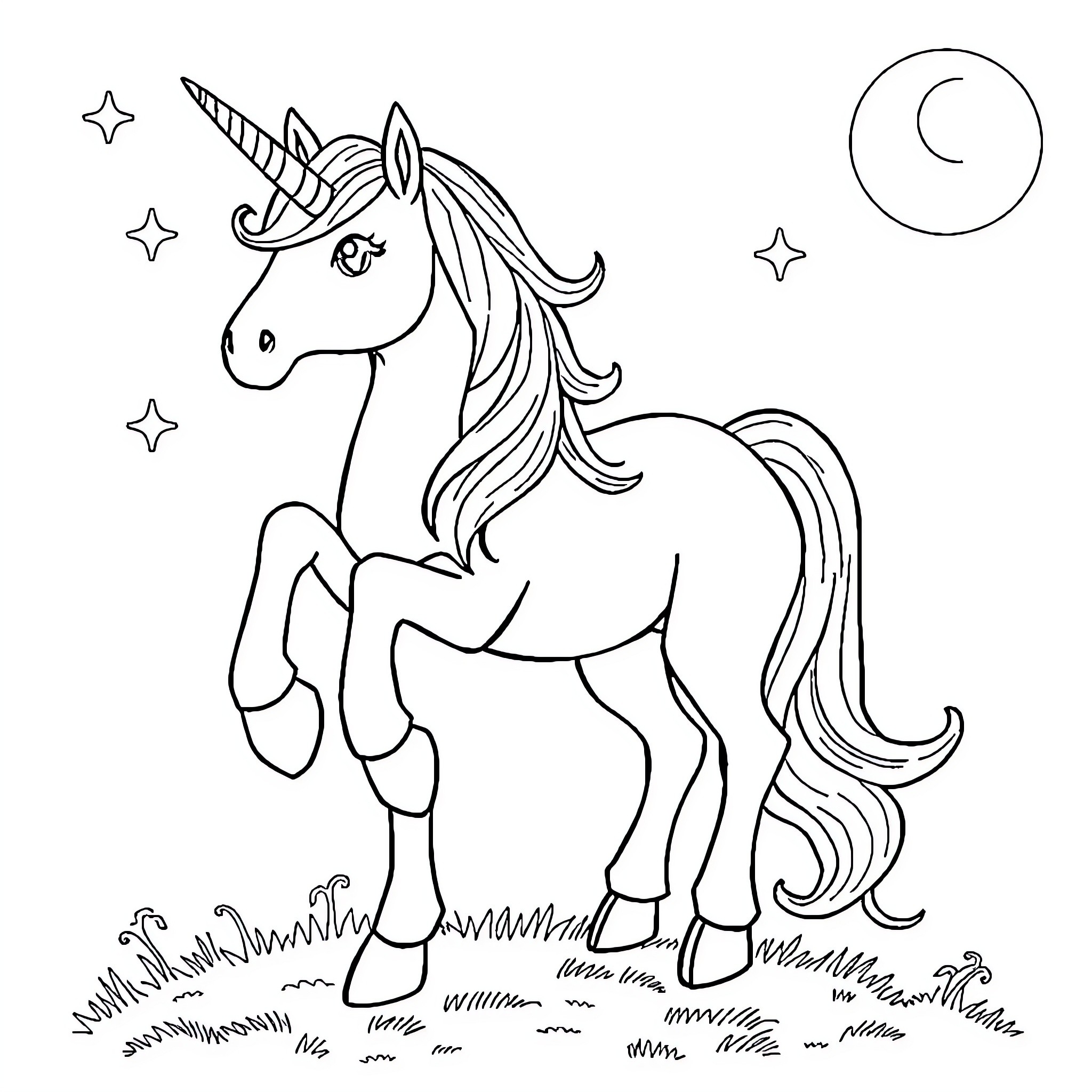 Unicorn prancing under the starry night sky Coloring Page (free black-and-white line drawing printable PDF for all, from beginners to advanced learners, including children, teens, adults, and seniors)
