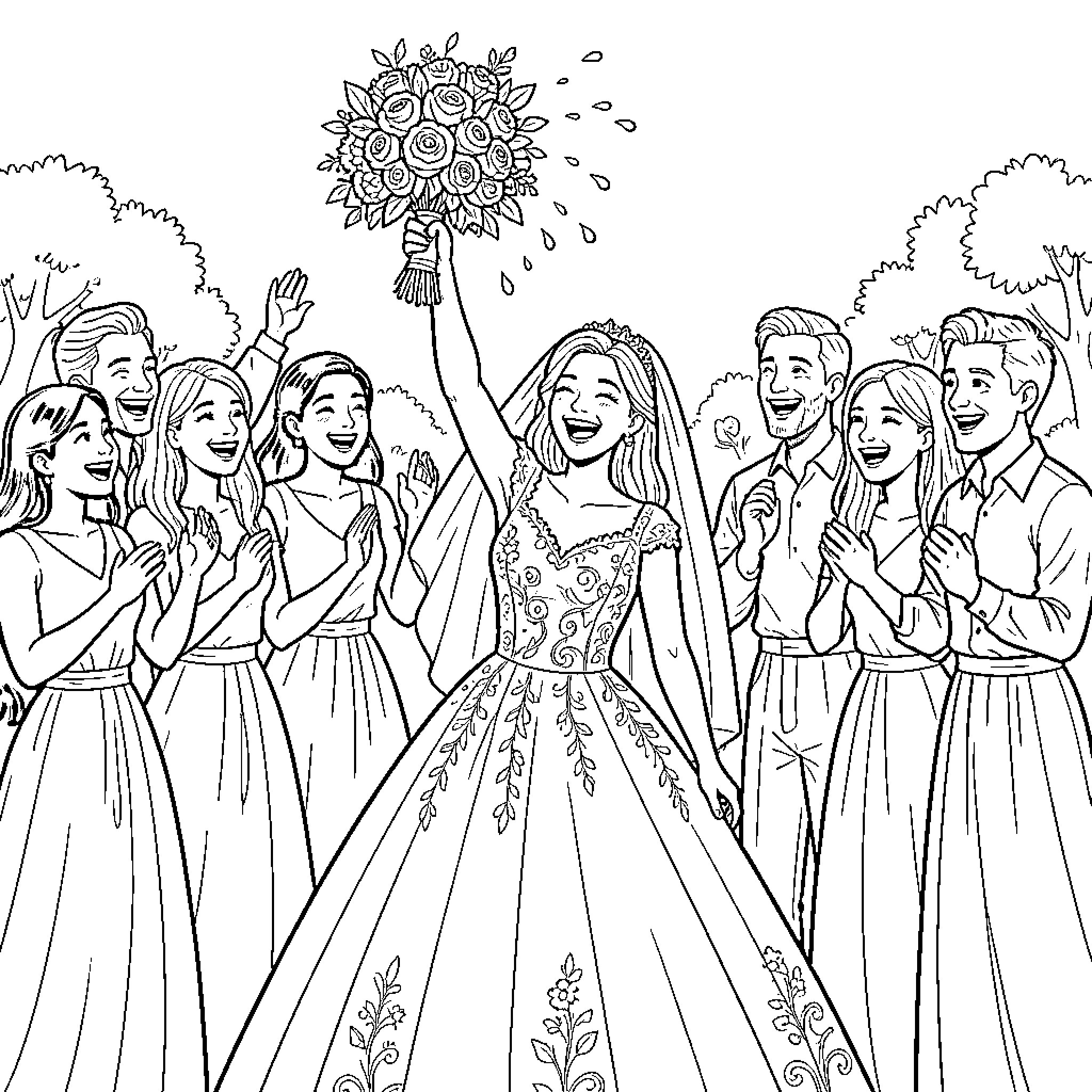 Bride celebrating joyfully while holding a bouquet Coloring Page (free black-and-white line drawing printable PDF for all, from beginners to advanced learners, including children, teens, adults, and seniors)