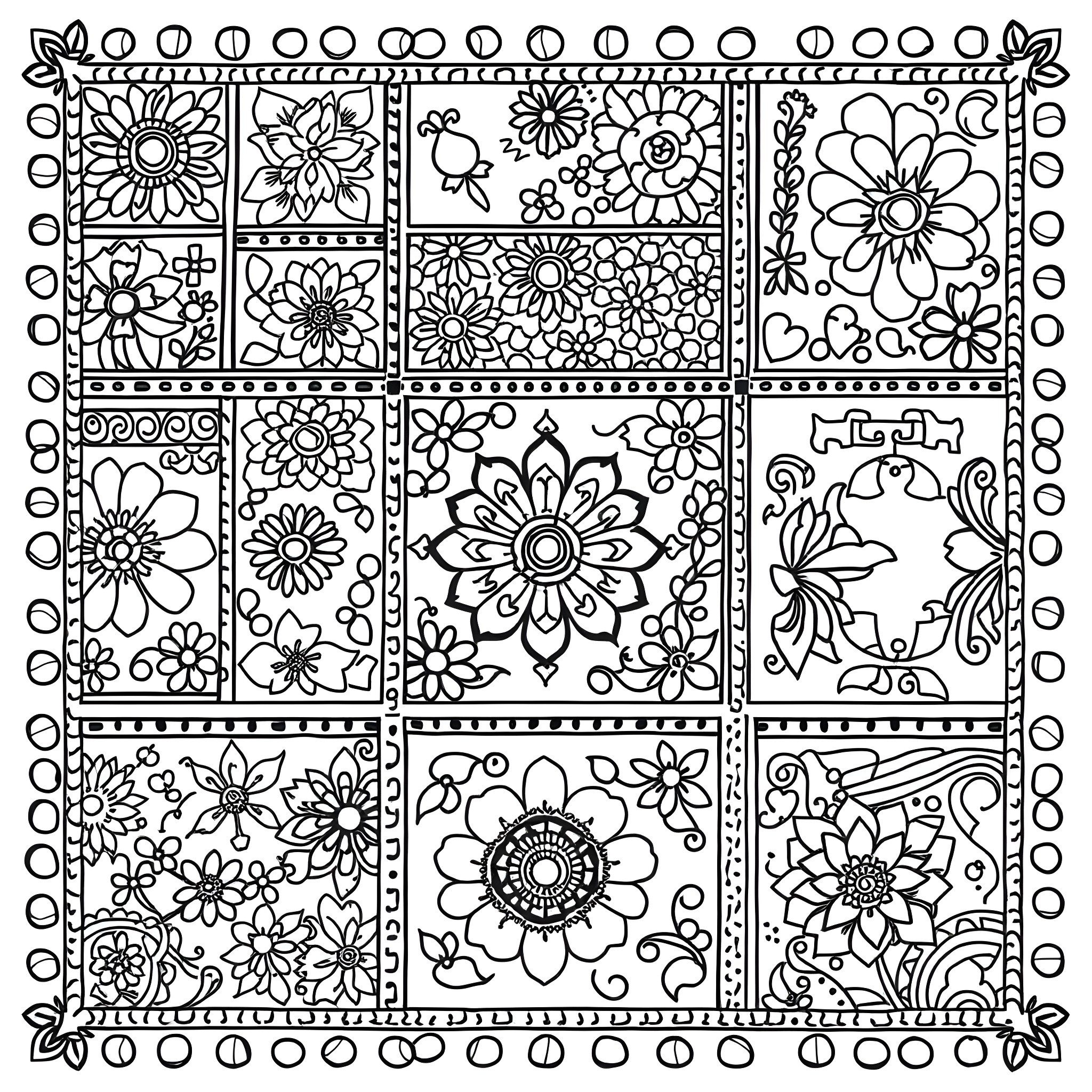 Patchwork of Vibrant Floral Designs Coloring Page (free black-and-white line drawing printable PDF for all, from beginners to advanced learners, including children, teens, adults, and seniors)