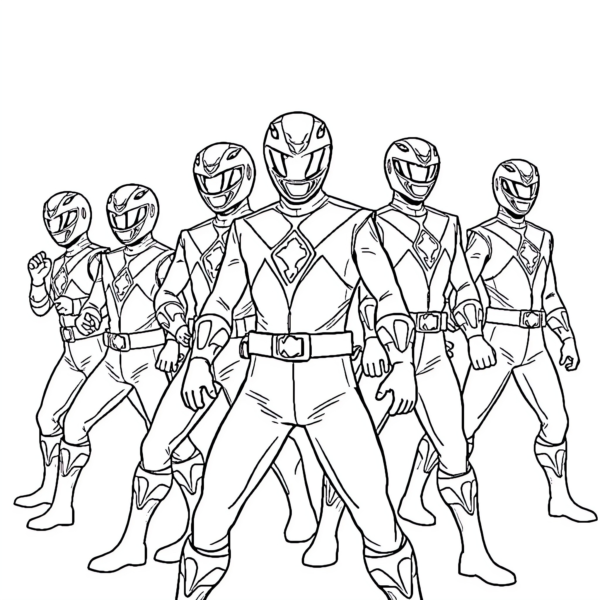 Power Rangers Team Assembles for Action Coloring Page (free black-and-white line drawing printable PDF for all, from beginners to advanced learners, including children, teens, adults, and seniors)