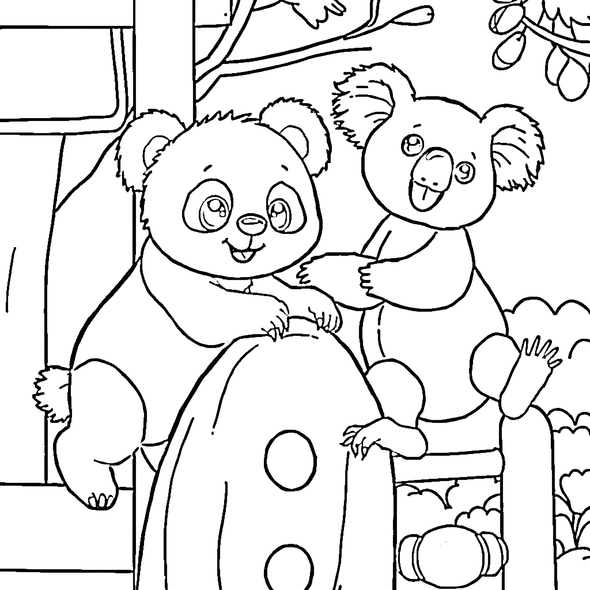 Panda bears playing together in the forest Coloring Page (free black-and-white line drawing printable PDF for all, from beginners to advanced learners, including children, teens, adults, and seniors)