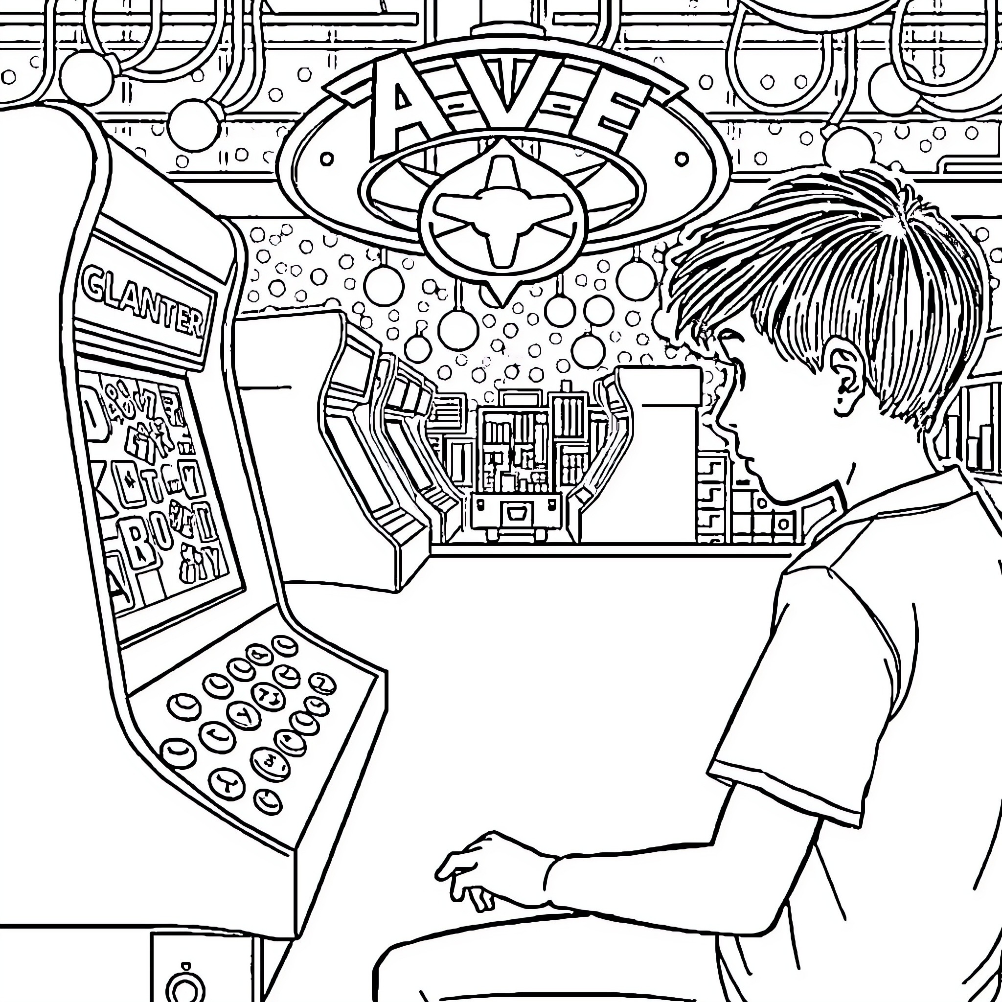 Boy playing arcade game in futuristic setting Coloring Page (free black-and-white line drawing printable PDF for all, from beginners to advanced learners, including children, teens, adults, and seniors)