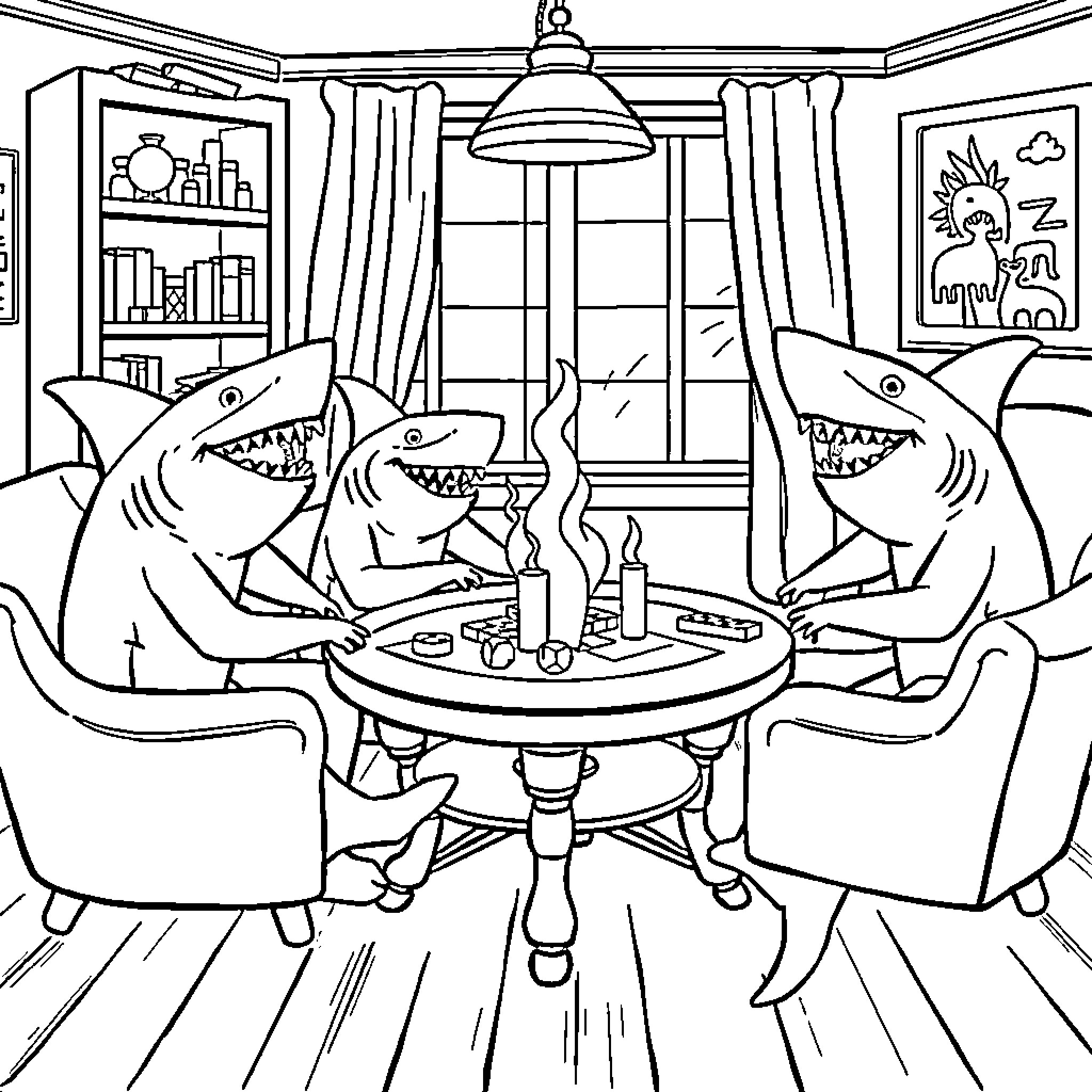 Mako Sharks having a cozy dinner party Coloring Page (free black-and-white line drawing printable PDF for all, from beginners to advanced learners, including children, teens, adults, and seniors)
