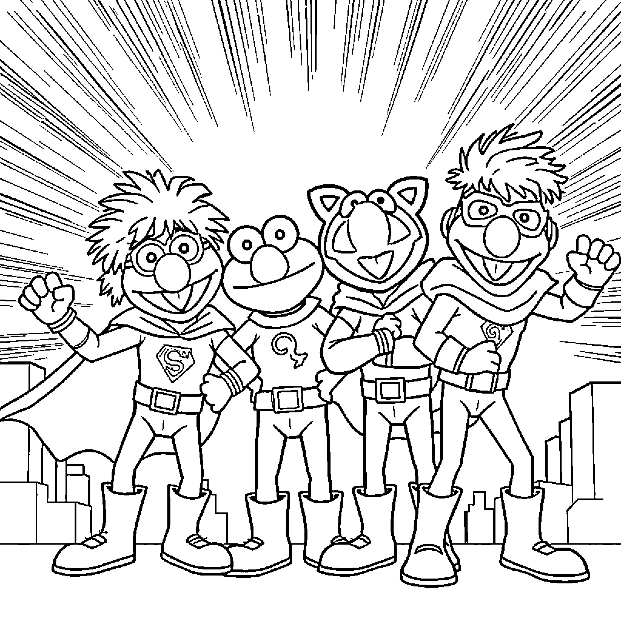 Muppet Superheroes Striking a Pose Coloring Page (free black-and-white line drawing printable PDF for all, from beginners to advanced learners, including children, teens, adults, and seniors)