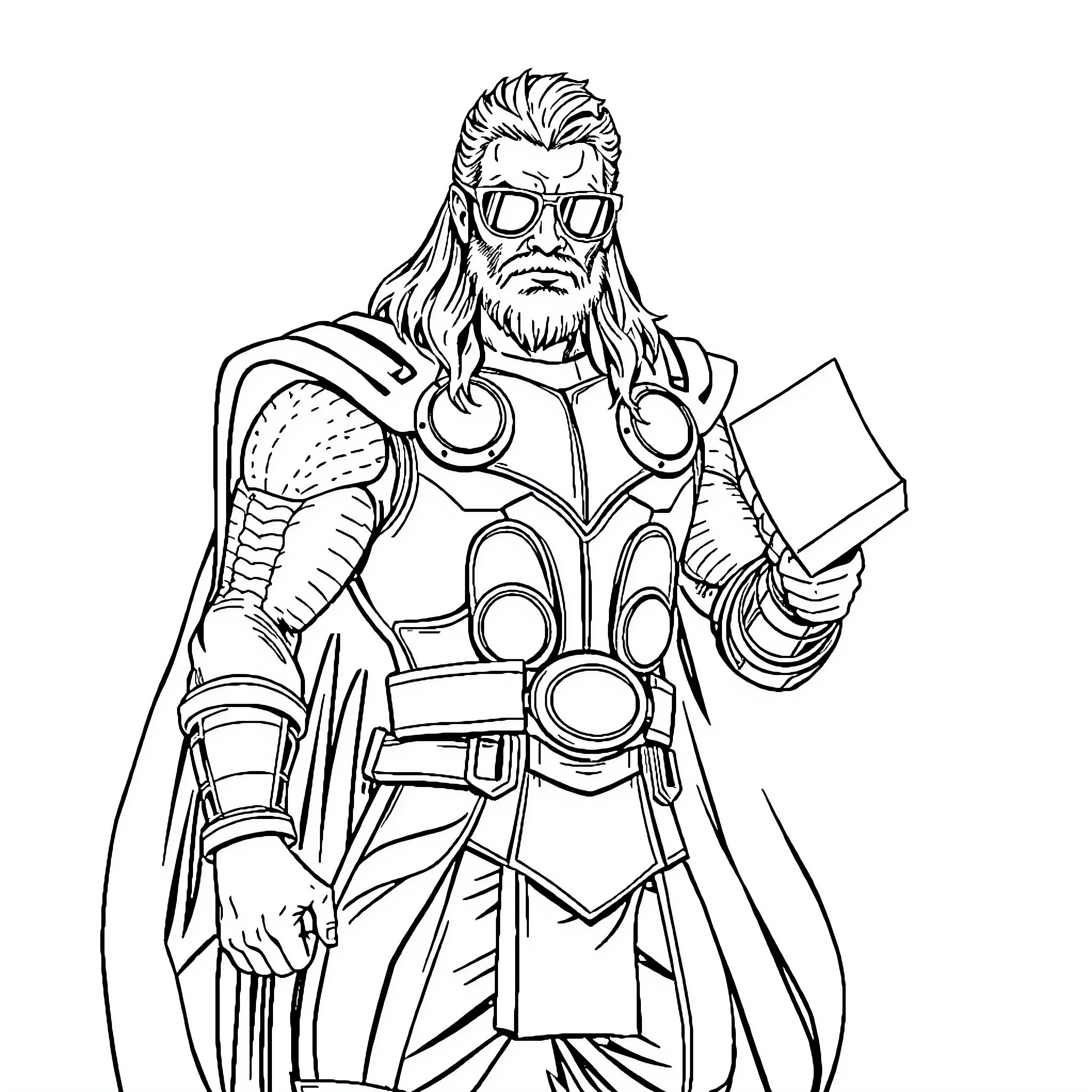 Thor Wielding Mighty Hammer in Heroic Stance Coloring Page (free black-and-white line drawing printable PDF for all, from beginners to advanced learners, including children, teens, adults, and seniors)
