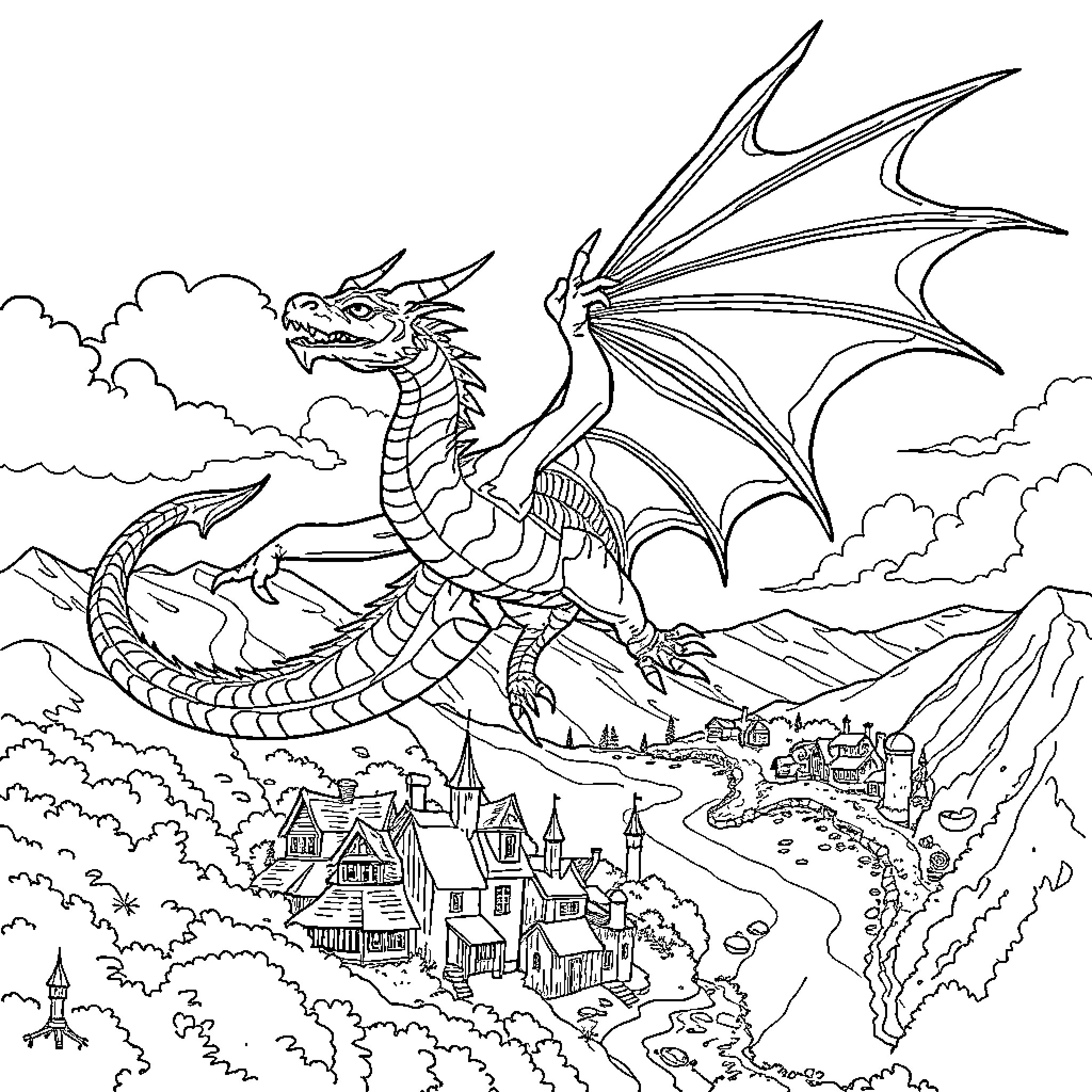Dragon soaring over a magical fantasy landscape Coloring Page (free black-and-white line drawing printable PDF for all, from beginners to advanced learners, including children, teens, adults, and seniors)