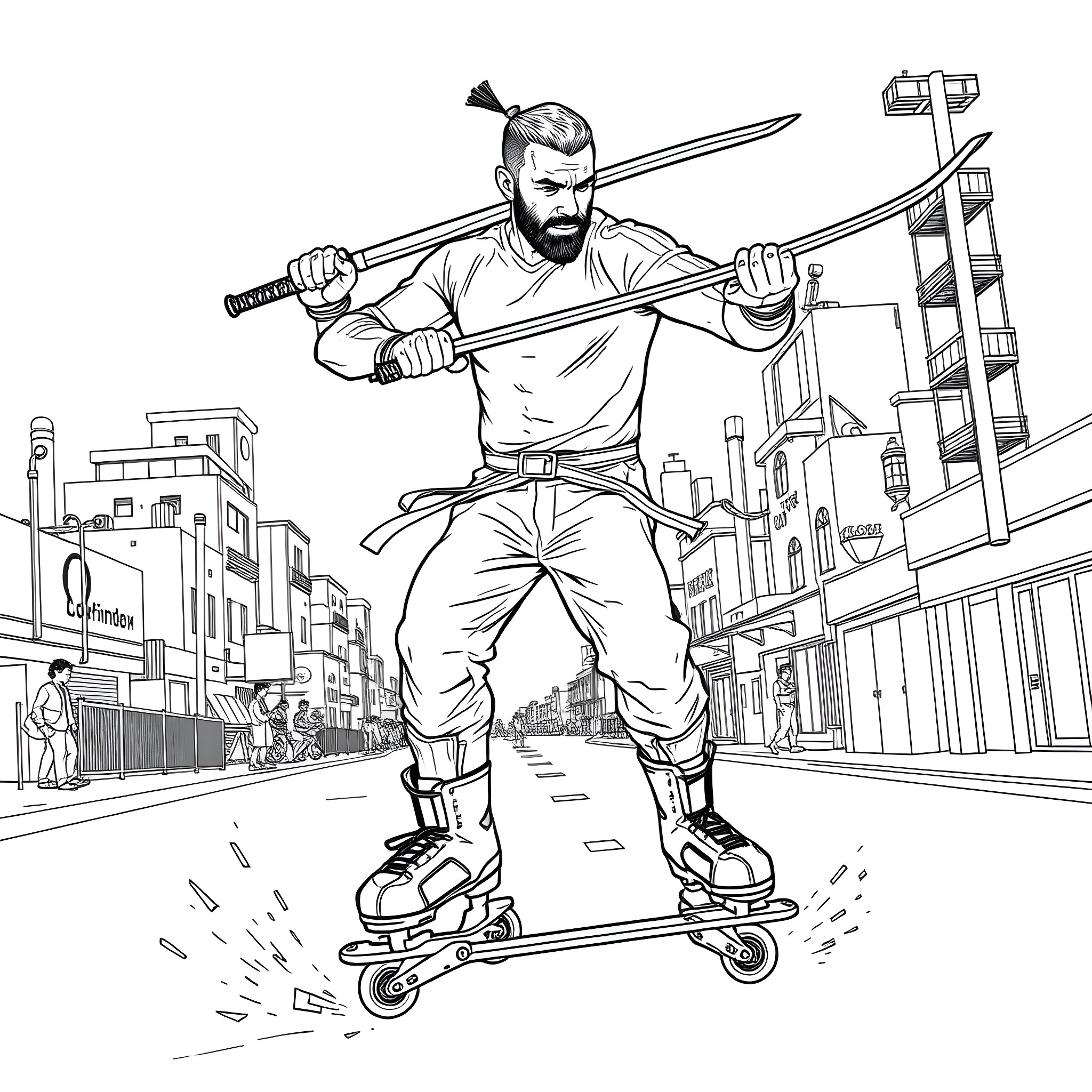Connor Macgregor Skateboarding Through the City Coloring Page (free black-and-white line drawing printable PDF for all, from beginners to advanced learners, including children, teens, adults, and seniors)