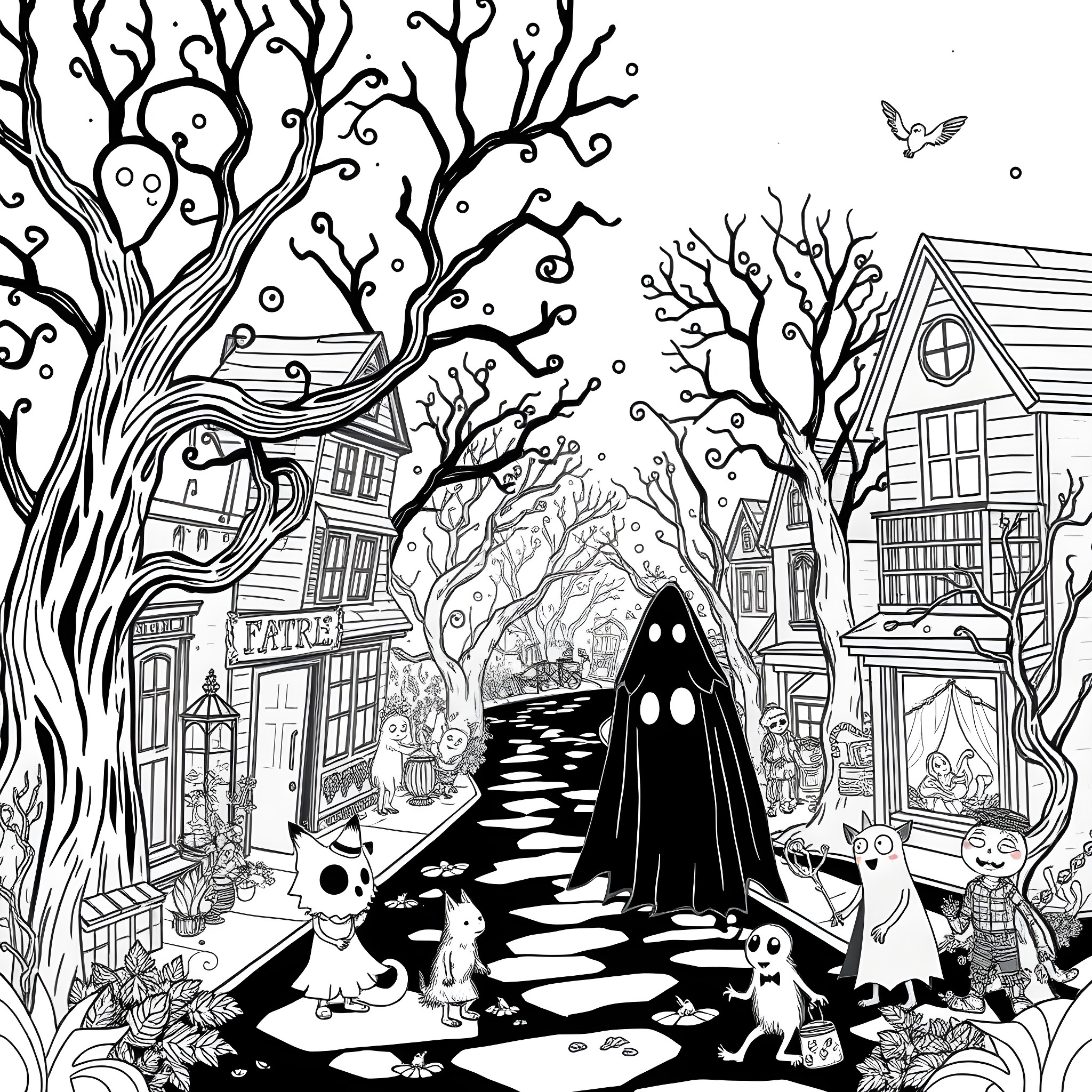 Stranger Things: Spooky Halloween Scene in a Ghostly Town Coloring Page (free black-and-white line drawing printable PDF for all, from beginners to advanced learners, including children, teens, adults, and seniors)