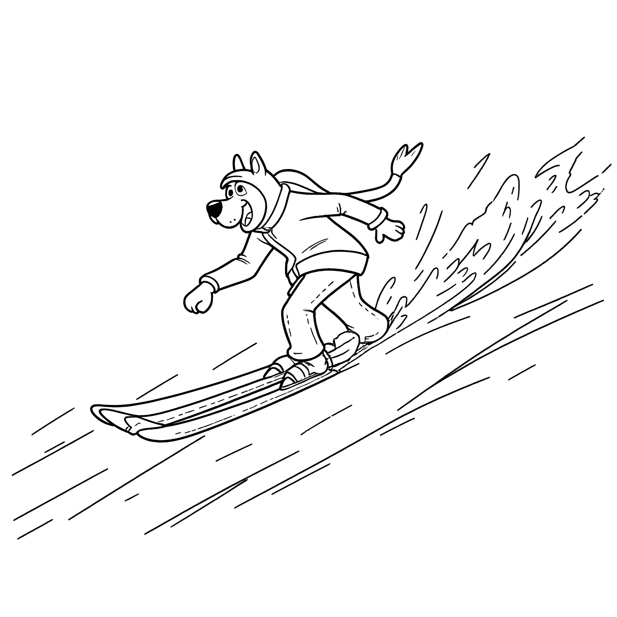 Scooby Doo skiing down the slopes Coloring Page (free black-and-white line drawing printable PDF for all, from beginners to advanced learners, including children, teens, adults, and seniors)