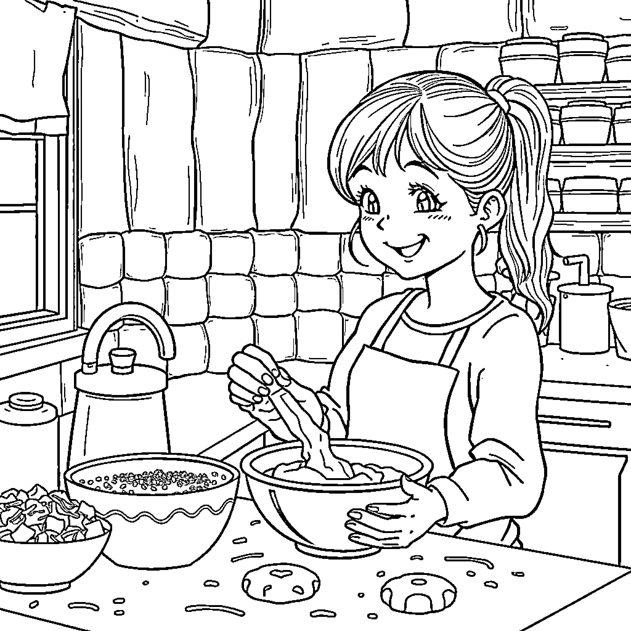 Girl baking cookies in the kitchen Coloring Page (free black-and-white line drawing printable PDF for all, from beginners to advanced learners, including children, teens, adults, and seniors)