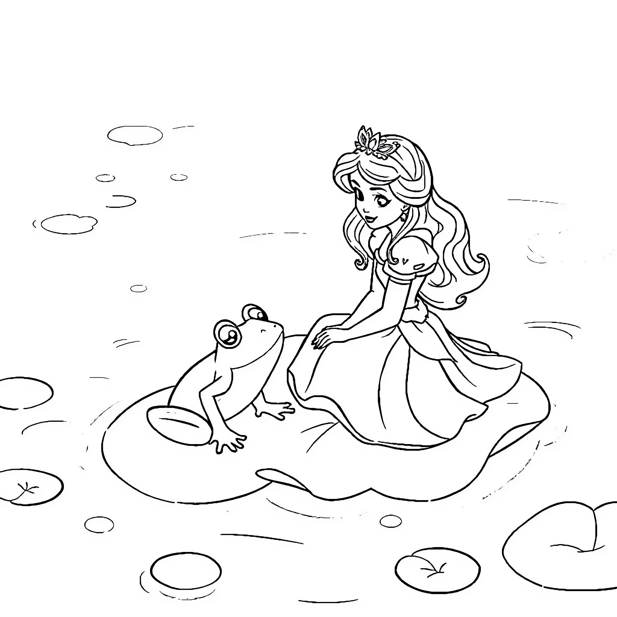 Princess Befriends Whimsical Frog in Enchanted Pond Coloring Page (free black-and-white line drawing printable PDF for all, from beginners to advanced learners, including children, teens, adults, and seniors)
