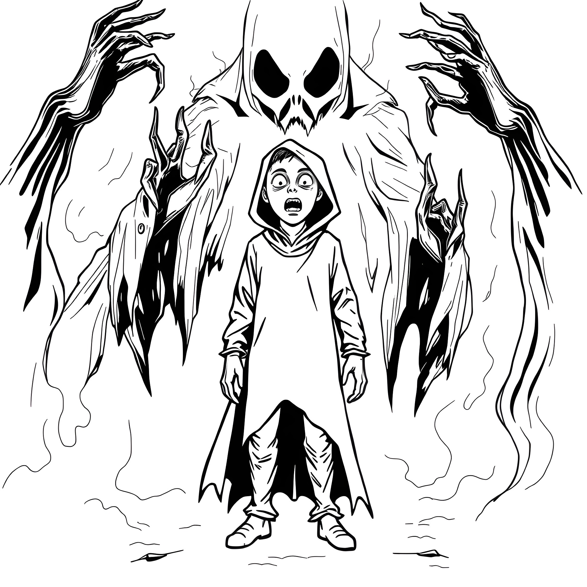 Terrified hooded figure surrounded by sinister presence Coloring Page (free black-and-white line drawing printable PDF for all, from beginners to advanced learners, including children, teens, adults, and seniors)
