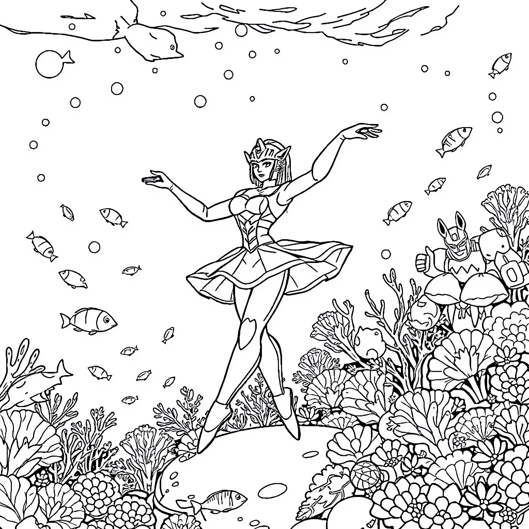 Transformer mermaid dancing in the underwater coral reef Coloring Page (free black-and-white line drawing printable PDF for all, from beginners to advanced learners, including children, teens, adults, and seniors)