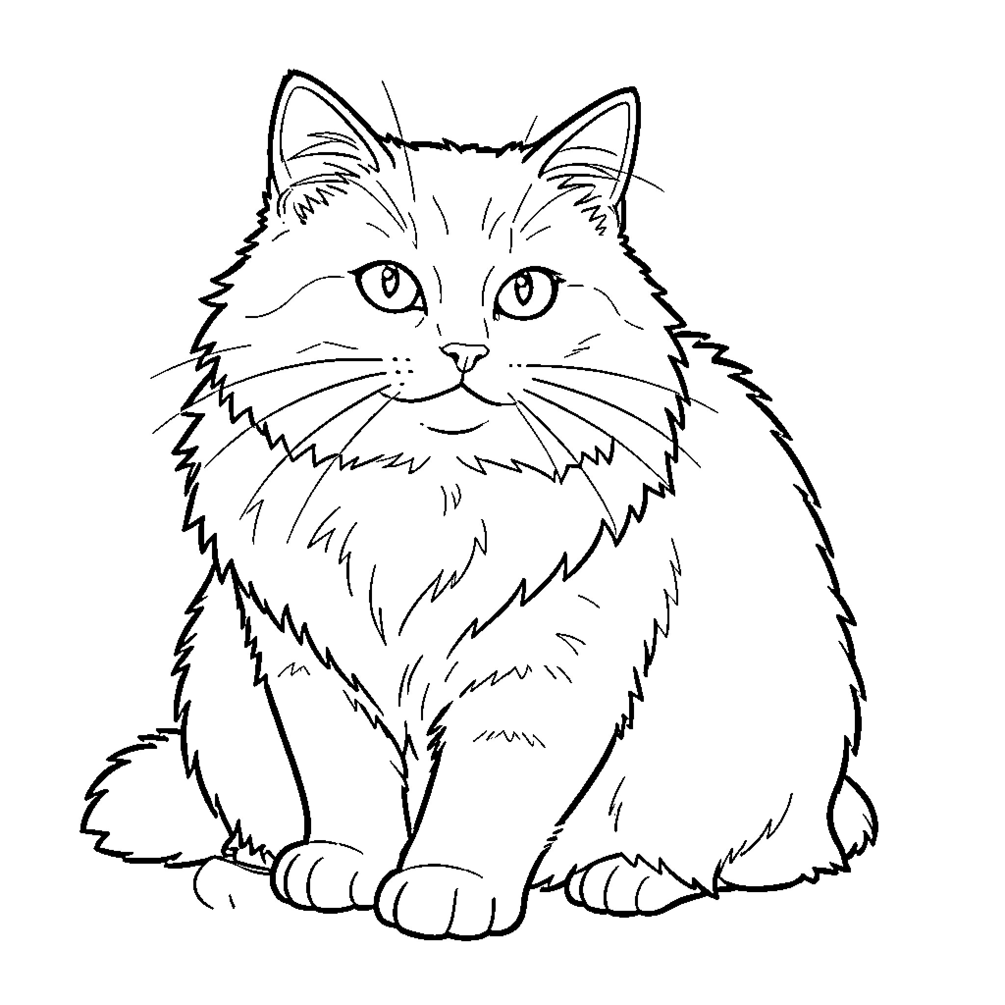 Cat sitting calmly and attentively Coloring Page (free black-and-white line drawing printable PDF for all, from beginners to advanced learners, including children, teens, adults, and seniors)