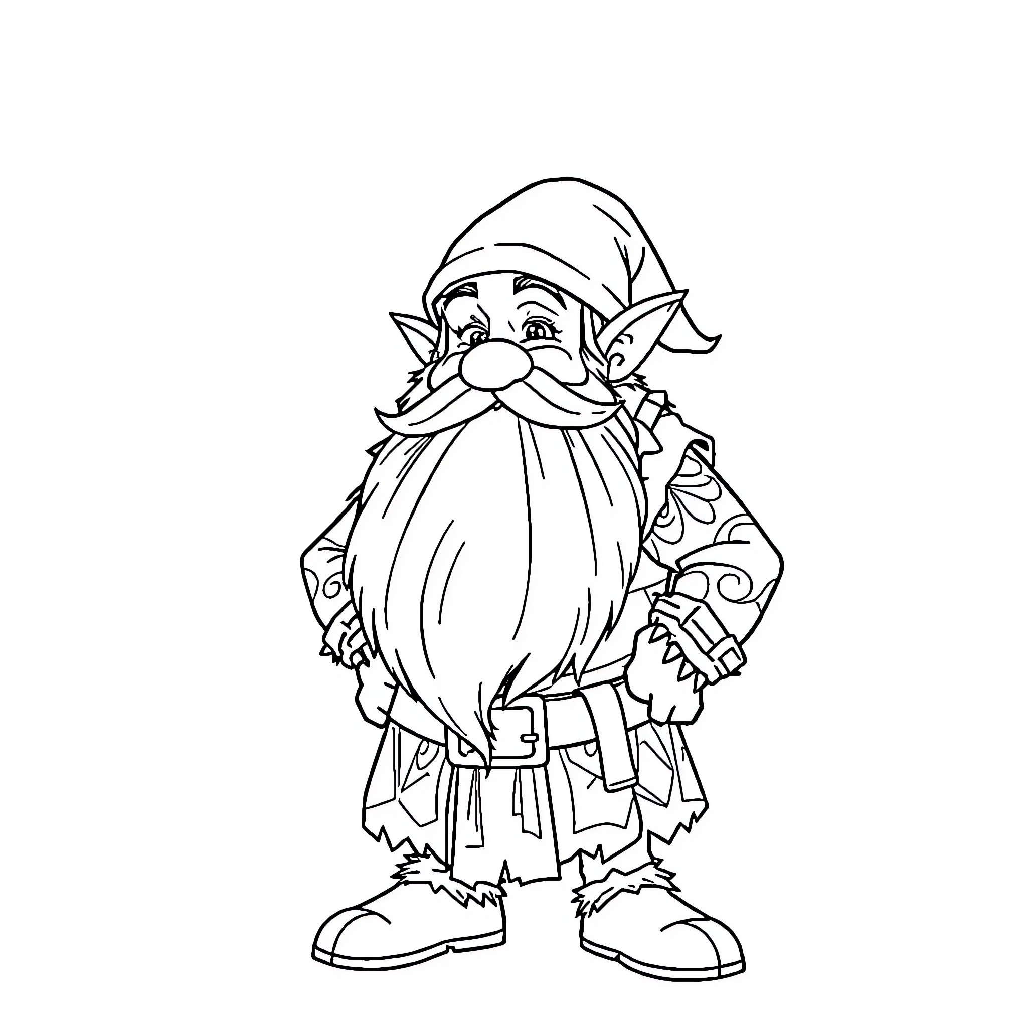 Dwarf with Whimsical Appearance and Attire Coloring Page (free black-and-white line drawing printable PDF for all, from beginners to advanced learners, including children, teens, adults, and seniors)